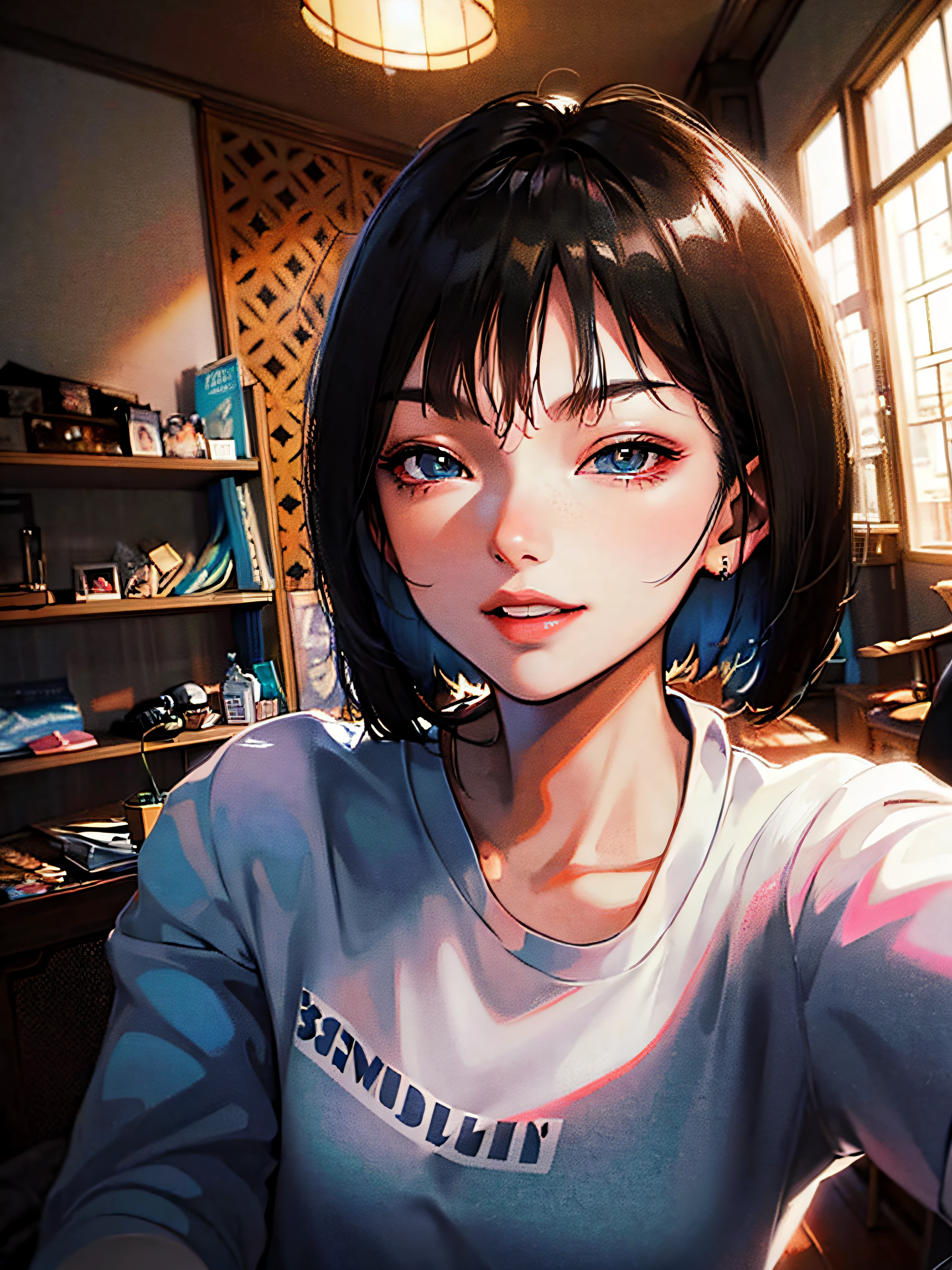 A woman,asiatic,inside room,Selfies,high-definition,ultraclear,hdr,masterspiece,Anime comic style,Shinkai Makoto light adjustment,black color hair,Smile with,natural lightin,bright