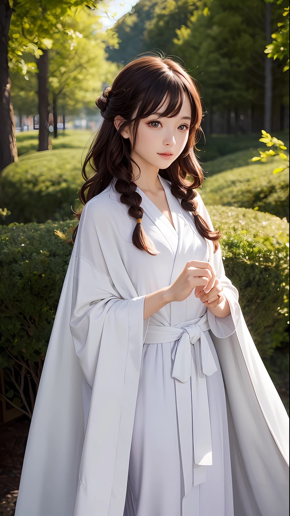 ((1girly))、Light magic、Wearing a white robe made of light、magical forest、flow、(((firey))magic)、(((Flowing hairstyle)))、(((shinning eyes)))、Wearing a cloak、((vokeh))、Depth-of-field、, short hairs, Nice hairstyle, Nice clothes