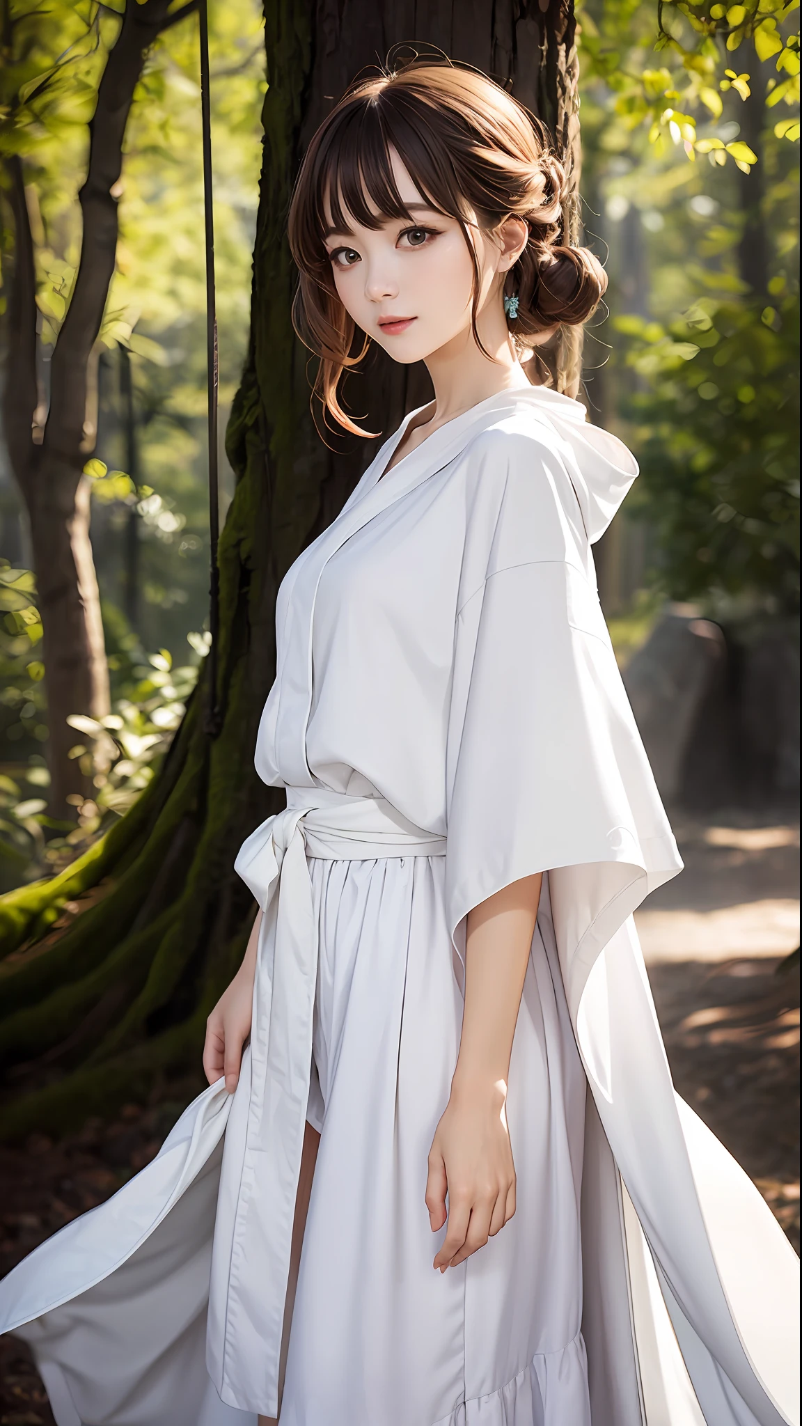 ((1girly))、Light magic、Wearing a white robe made of light、magical forest、flow、(((firey))magic)、(((Flowing hairstyle)))、(((shinning eyes)))、Wearing a cloak、((vokeh))、Depth-of-field、, short hairs, Nice hairstyle, Nice clothes