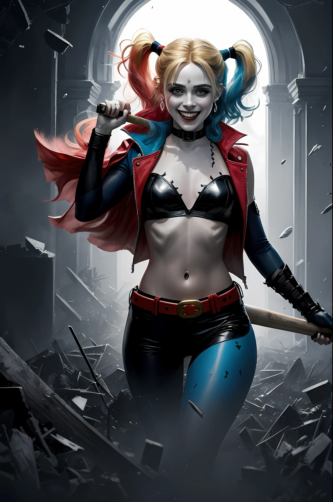 (16k, foto RAW, melhor qualidade, obra-prima: 1.2), ultra-detalhado, arte formal, foto realismo: 1.37, foto de meio corpo ,(Harley quinn), (mulher, beleza ,( cabelo colorido,Baseball bat in hands ) lugar em batalha,sorridente film grain, villain action pose ((spawn))detalhes