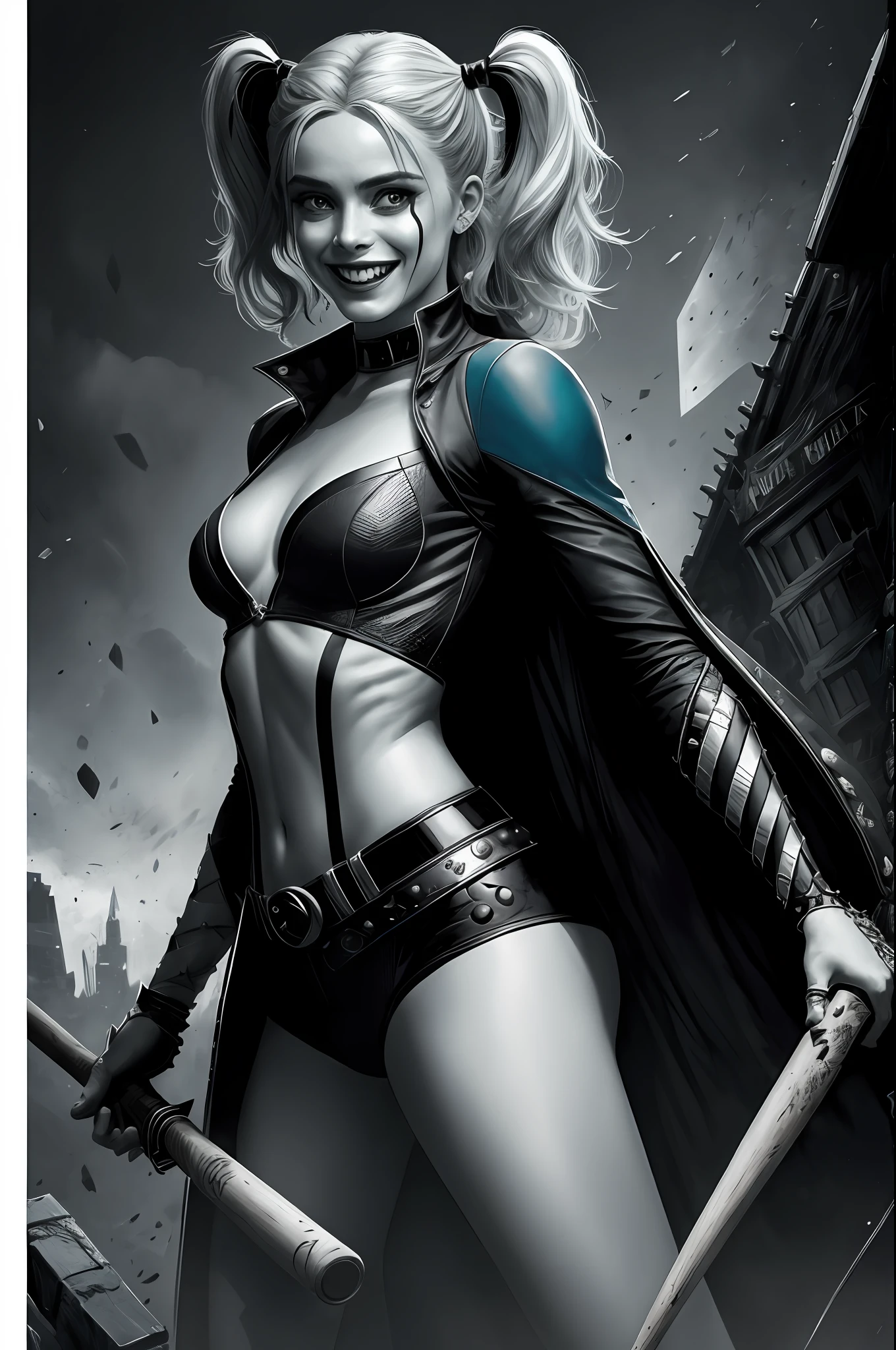 (16k, foto RAW, melhor qualidade, obra-prima: 1.2), ultra-detalhado, arte formal, foto realismo: 1.37, foto de meio corpo ,(Harley quinn), (mulher, beleza ,( cabelo colorido,Baseball bat in hands ) lugar em batalha,sorridente film grain, villain action pose ((spawn))detalhes