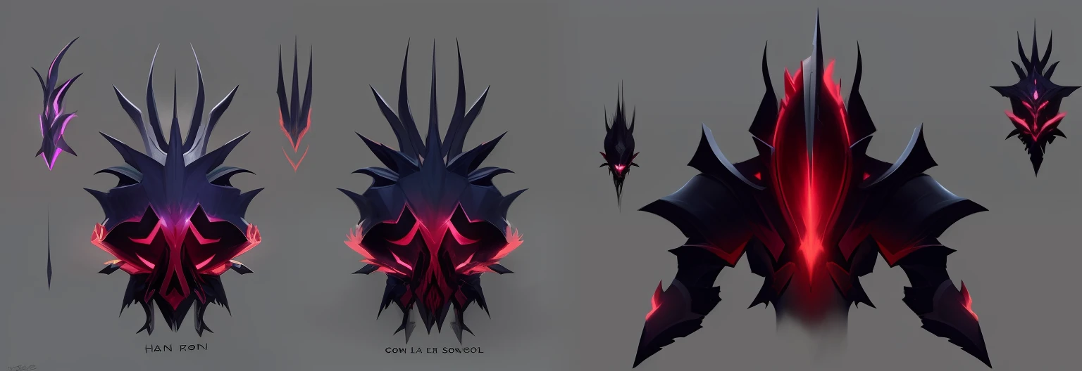 a close up of a bunch of different types of armor, demon soul concept art, feng zhu concept art, Riot Games concept art, Onmyoji detailed art, Dota 2 concept art, League of Legends concept art, dark high-contrast concept art, demon noble character design, spirit fantasy concept art, arcane concept art, blizzard concept artists, ka + concept arts
