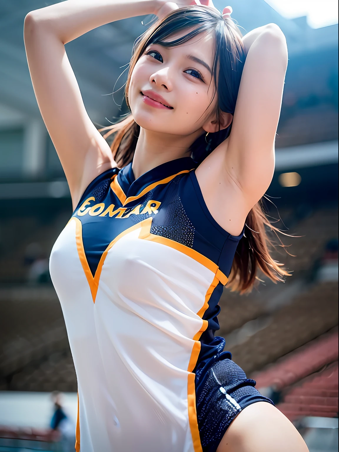 Ala Fed Asian cheerleader holding pom pom in stadium, closeup, closeup, cosplay photo, anime cosplay, small breasts, RAW photo, best quality, high resolution, (masterpiece), (photorealistic:1.4), professional photography, sharp focus, HDR, 8K resolution, intricate details, depth of field, highly detailed cg unity 8k wallpaper, Front Light, NSFW, Woman, Girl, Beautiful Supermodel, Smiling, Slender, (Sweating All Body:1.3), 2 Person