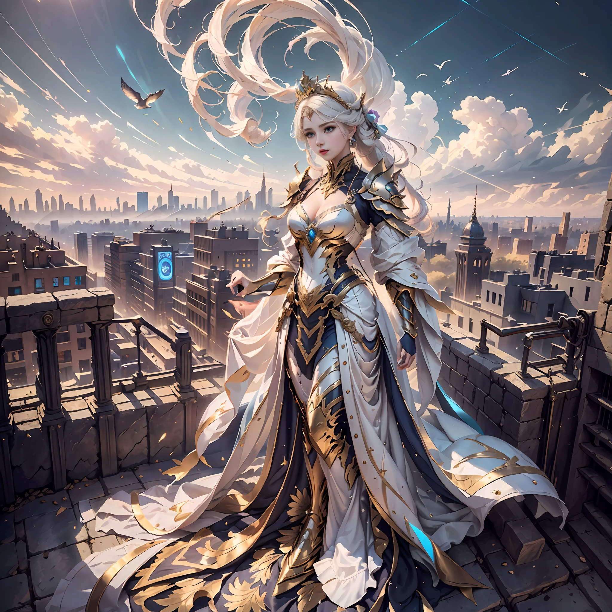 (The ancient king stood on the city wall.:1.3),Bird's eye view of the city。The tall and mighty mech looked golden,The city below is bustling,High-rise buildings and roads crisscross the city,(((Masterpiece))),(((Best quality))),((Ultra-detailed))((Extremely detailed CG)),((16k_wall paper))((An extremely delicate and beautiful)),{Photorealistic},Full body, Detailed light,full bloom,,,A masterpiece from the Canon EOS R6 shooting,((masterspiece)) ,cinematiclight,Unreal Engine 5,the creamy smooth skin