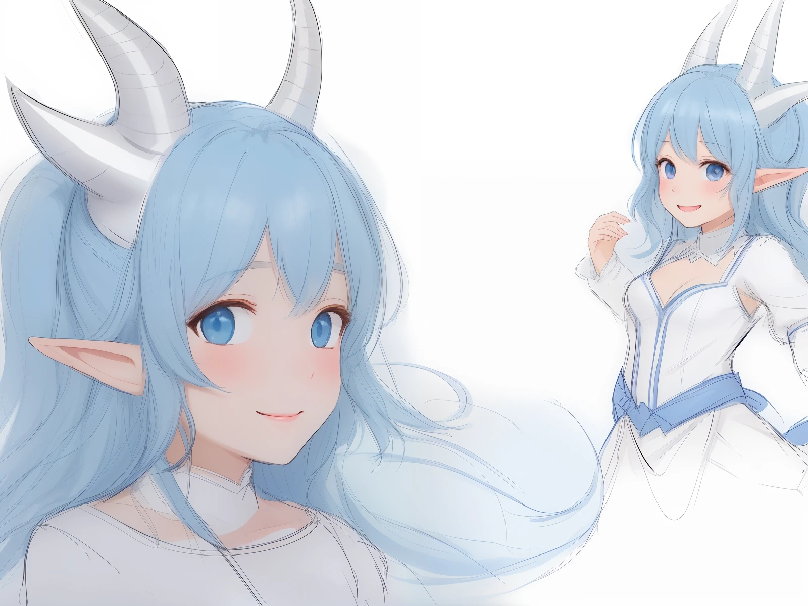 A girl with two dragon horns on her head stood there,A smile on his face,Happy expression,masterspiece, need, 1girls, Solo, Ancient bloating, Blue elf hair, ,Dragon tail,simplebackground, White background, flat-colors, Line drawings, ((sketch))