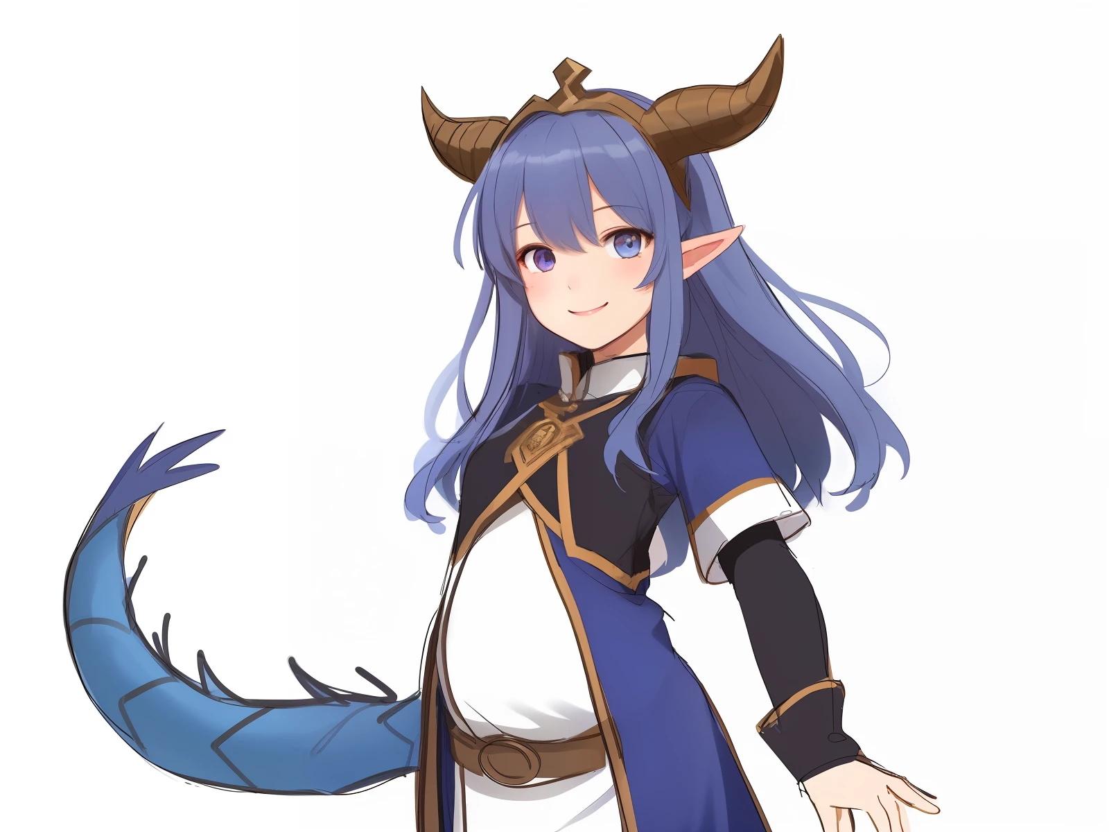 A girl with two dragon horns on her head stood there,A smile on his face,Happy expression,masterspiece, need, 1girls, Solo, Ancient bloating, Blue elf hair, ,Dragon tail,simplebackground, White background, flat-colors, Line drawings, ((sketch))