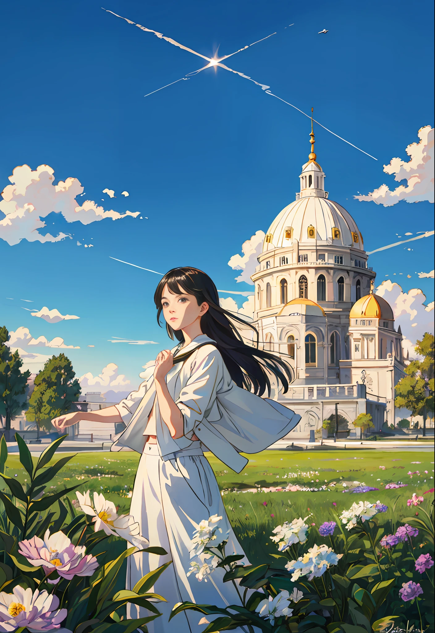 Model shooting style, (extremely detailed CG Unity 8k wallpaper), full-shot body photo of the most beautiful artwork in the world, stunning beautiful photo realistic available, super realistic super detailed photo, a beautiful girl as a female dancer,(Chateau de Versailles, Pisa Baptistery Of St. John background, Flowers,navel,crowd),(princess eyes, shining pupils),banquet, [slight smile],detailed symmetrical beautiful hazel eyes, detailed gorgeous face, highly detailed, Vibrant, professional majestic oil painting by Ed Blinkey, Atey Ghailan, Studio Ghibli, Jeremy Mann, Greg Manchess, Antonio Moro, ArtStation Trends, CGSociety Trends, Complex, High Detail, Sharp Focus, Dramatic, Realistic Painting Art, by Midjourney and Greg Written by Rutkowski