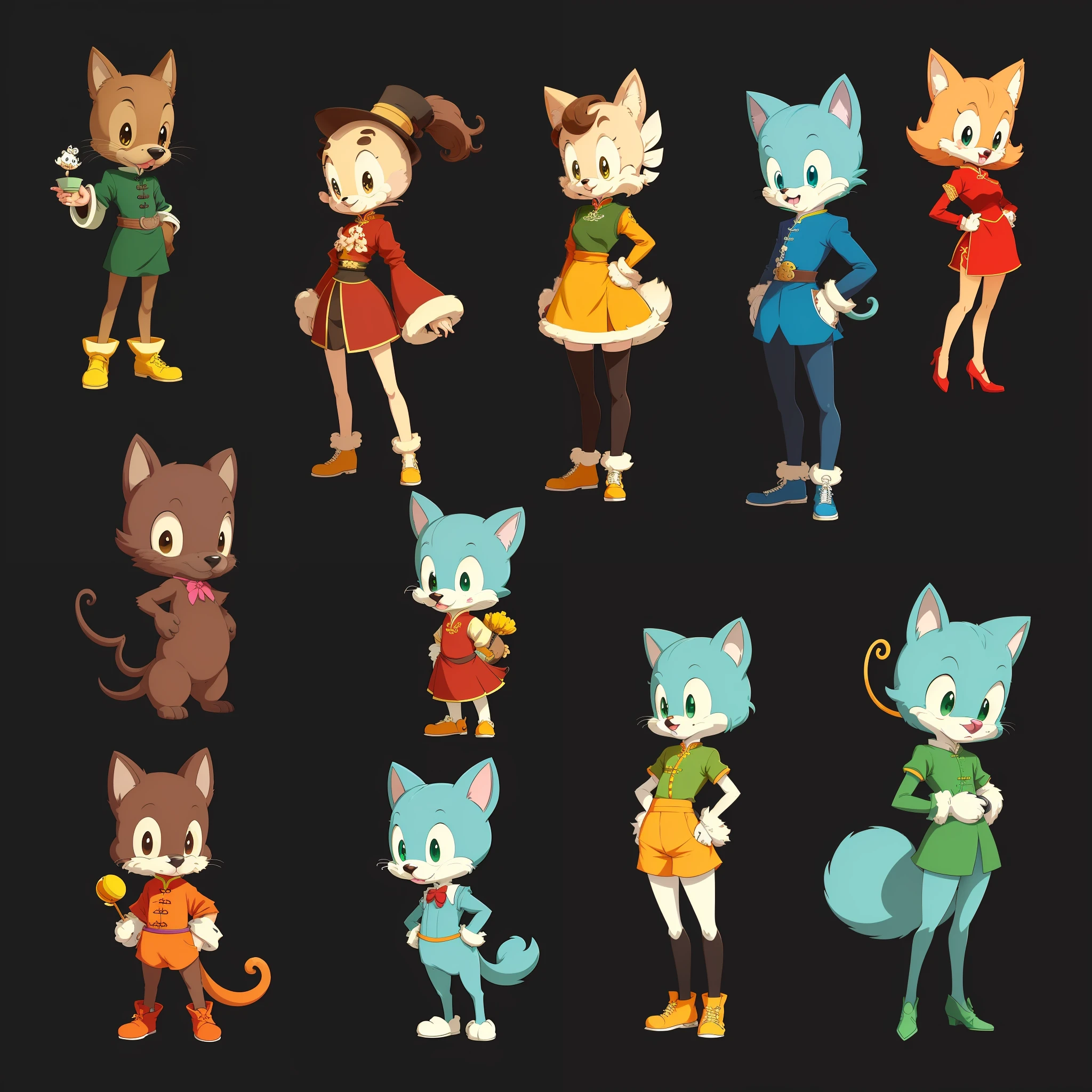create unique and whimsical animal characters, resembling furries, in the style of anime or cartoons. These characters should be dressed in traditional Chinese clothing, with a touch of imaginative and extraordinary details. The overall vibe should be playful and fun, somewhat reminiscent of Cuphead’s distinctive style. I’m excited to see the imaginative and amazing designs that can be brought to life! best quality. Resembling an old faction cartoon silly and funny. the characters should have less clothing, but without showing any inappropriate body parts. Create figures of the characters that show a bit more skin while still being tasteful and appropriate --auto