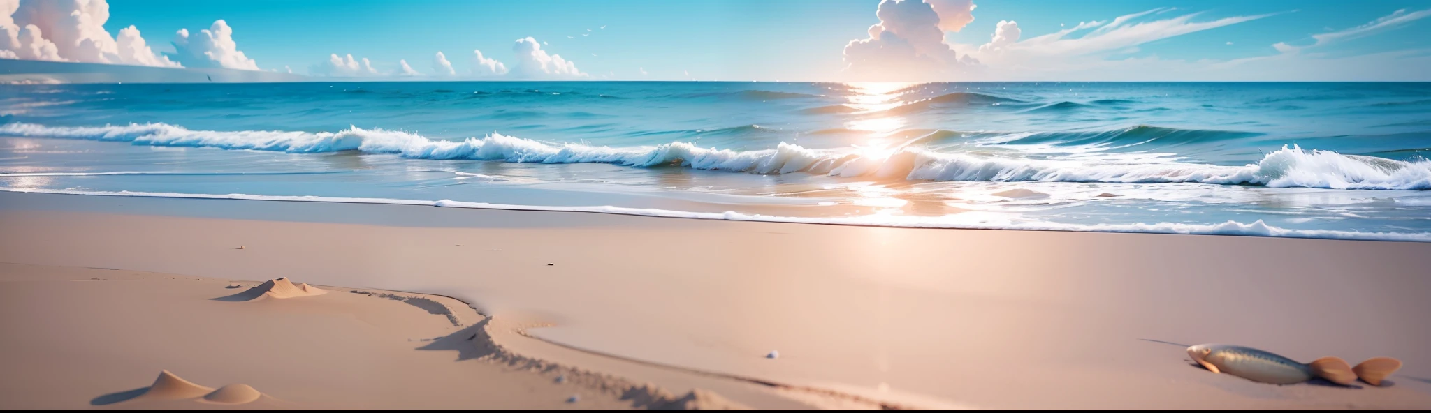 （8K）By the sea in summer，sandbeach，The weather is sunny，Blue skies，The sun shines big，Colorful，Happy summer vacation，The picture is simple，Close-up，The sun is shining，The waves hit in the distance，The vision is impactful，3D DreamWorks style，The perspective is square