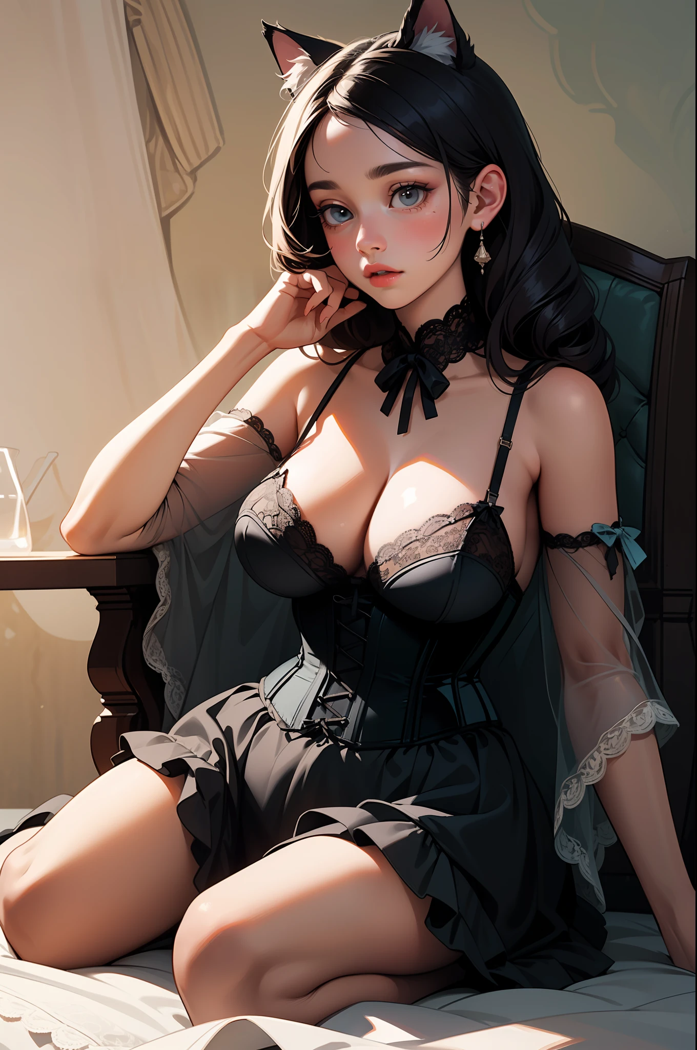 [Artwork of exceptional craftsmanship],(Detailed illustrations,Art based on extremely ideal anatomy,Very detailed and detailed drawing,Delicate lines with slow and rapid,Realistic texture expression),[Color tressed main line],[[Strange bedroom background]],(Girl Japanese Beauty 15歳 [Luxury Girl] (cat ear ((plump)) (large chest with drooping,[wide areola]))),(Full body lingerie (White corset) (Ribbon Ruffled Lace Fabric [ta fashion:0.8])),[Realistic and glossy skin expression [[High humidity] (Soft body)],([sitting] [[exhaustion]] gravure),Transparency, soft ambient light,(Perfectly proportioned),(Fine and beautiful skin expression [Transparency]),[Design built to the highest level,[Advanced structural understanding of materials],Ideal color coordination],(Intricate and beautiful decoration [Dense detail]),(More on shiny hair),[Perfect hand details],(Beautiful perfect face [Realistic face details]),[Clear gaze],[long and beautiful eyelashes],[Perfect eye details (Eyes beautifully drawn down to the smallest detail)],[[detailded,high-detail]],([Precision Detail],[[multi-layer texture]],HighQuality,highly resolution),[Accurate simulation of light-material interactions,Understanding Airflow,Mechanically correct representation],[Visual art that conveys a sense of narrative].