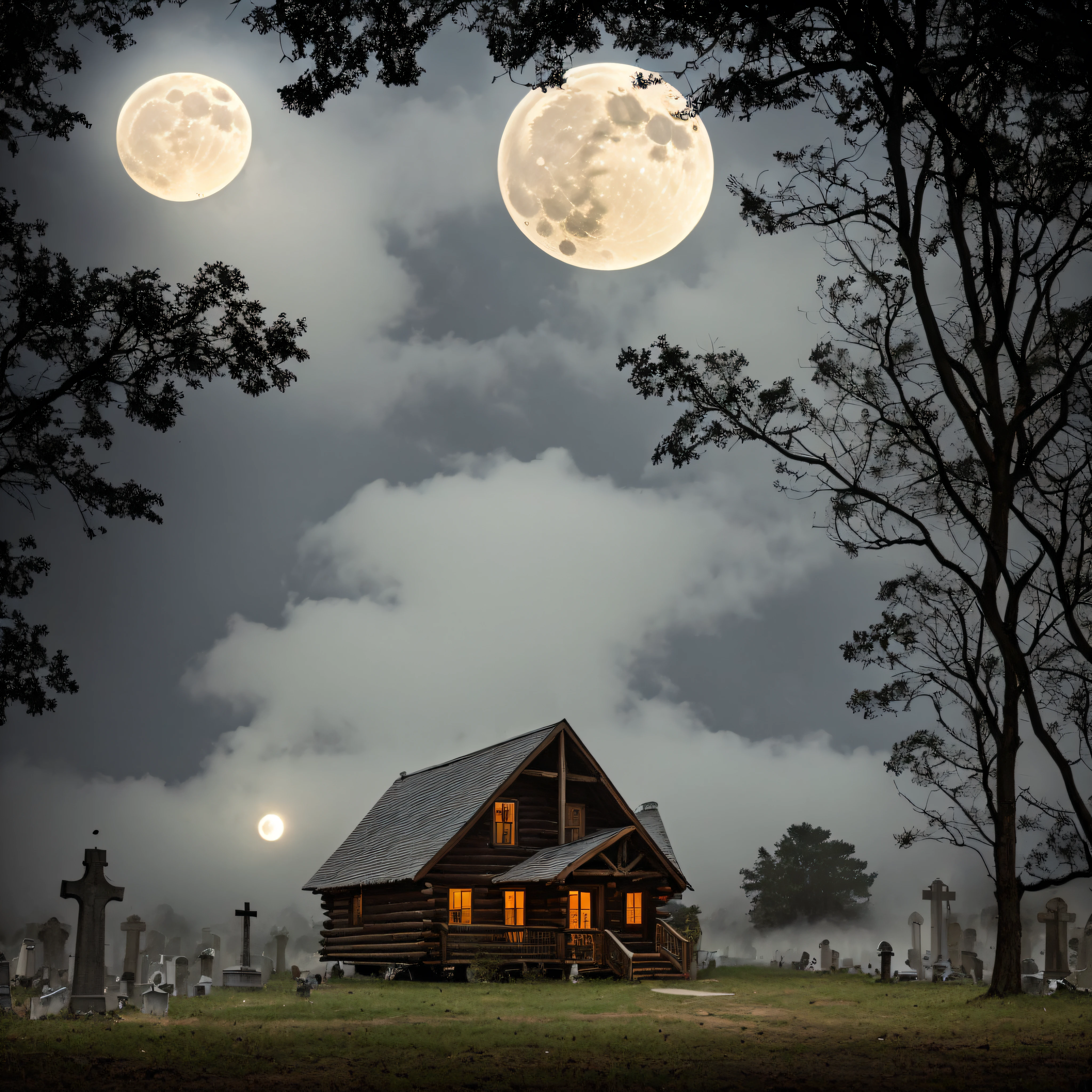 (Two-level cabin terrorizes the center of a night cemetery with full moon and fog) un hombre asesino vestido de negro con una guitarra electrica en la mano tocando una melodia entre las lapidas tenebrosas y un gato negro diabolico arriba de una de las criptos