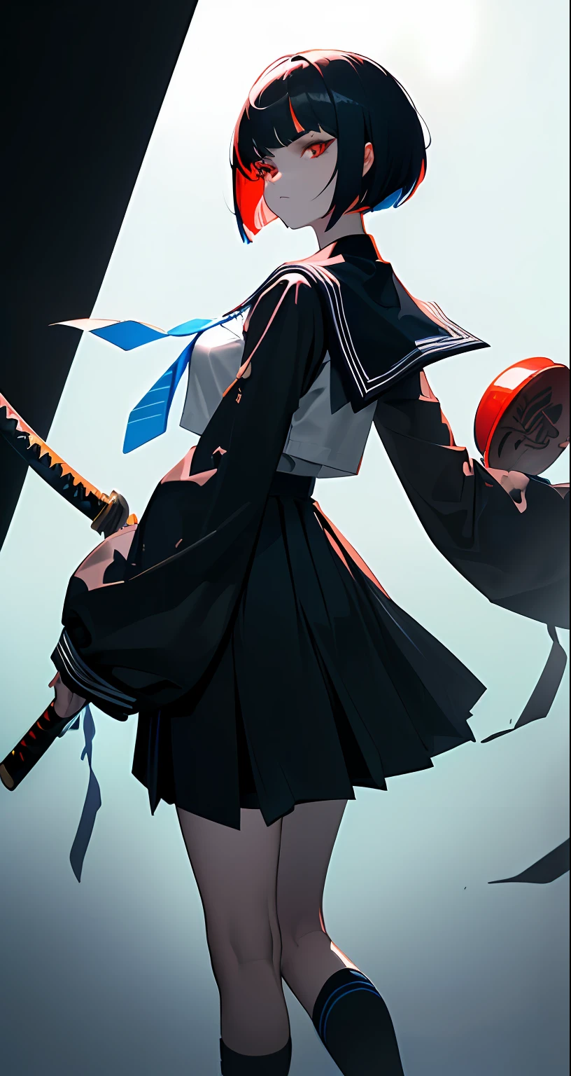 ((((dramatic))), (((gritty))), (((intense))) 1girl, girl, 10 yeauos face and attitude, almost angry, (oversized coat) ((((bowlcut hair)))) ((((very short hair)))) (((shortest hair))) (black jet hair) (((hair barely covers ears and backhead))) sailor costume, (((blue dark sailor costume))) (((knee below skirt))), (((long skirt))) ((((slender)))) red costume details, (((tigth sleeves))) (holding a katana) action stand (((red eyes))) ((black necktie)) (nigth neon city) The background is dark and gritty, with a sense of danger and intensity. The color palette is mainly dark with splashes of vibrant colors, giving the poster a dynamic and visually striking appearance, outfit, posing, front, colorful, dynamic, background, elements, confident, expression, holding, statement, accessory, majestic, coiled, around, touch, scene, attention-grabbing, title, stylish, modern, trendy, focus, fashion, (Bauhaus, shapes, lines, abstract:1.1)