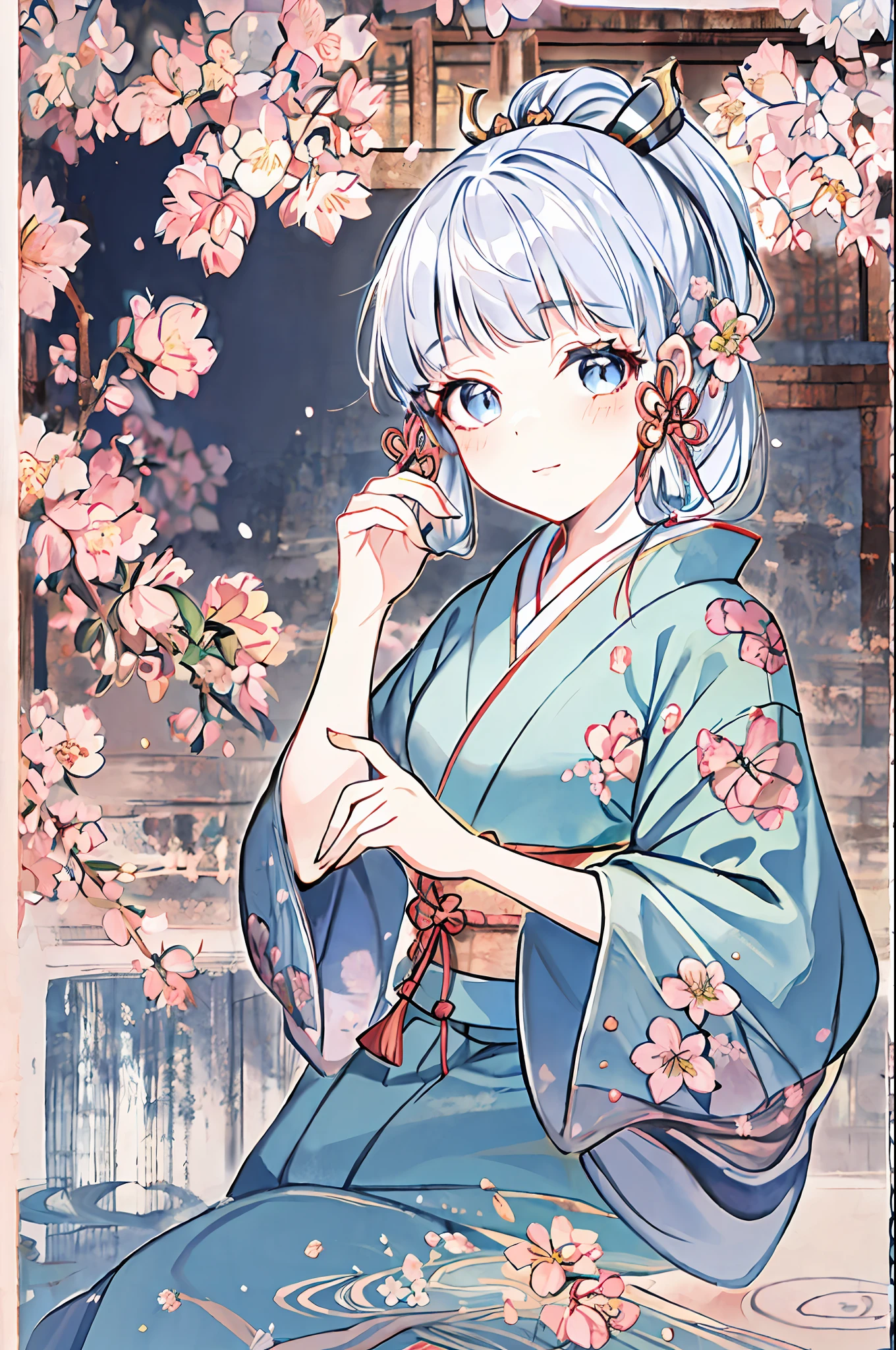 in kimono,(whitehair,Qi bangs:1.2),(li face:1.1),Delicate face,(Peach blossom eyes:1.1),kamisato ayaka,(The painting style is cute:1.1),Ayaka,kamisato ayaka,view from distance,stand firm