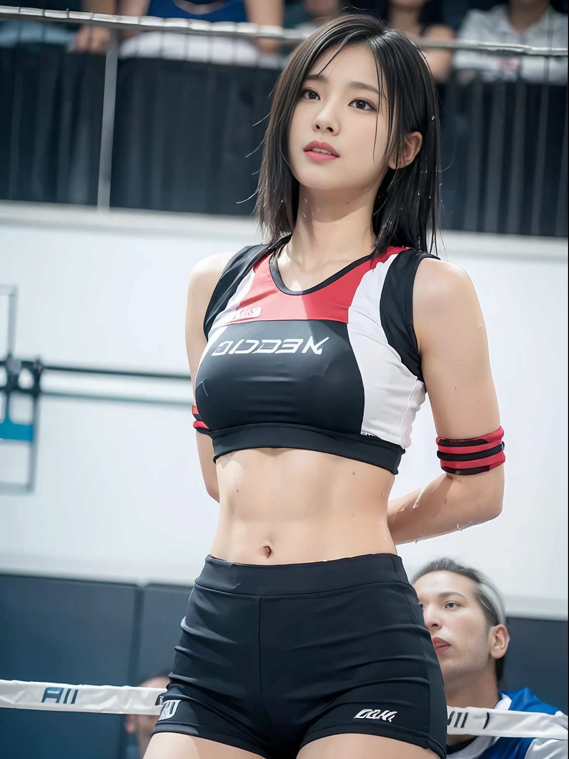 ((Top Quality, 8k, Masterpiece: 1.3)), Perfect Body Shape Pretty Woman: 1.4, Volleyball Uniform, Highly Detailed Face and Skin Texture, Detailed Eyes, NSFW, Shibari, Arms Behind Back, Restrained, ((Best Quality, 8K, Masterpiece: 1.3)), Sharp Focus: 1.2, Perfect Body Shape Beautiful Woman: 1.4, Slender Abs: 1.2, ( Layer cut, big: 1.2)), wet body: 1.5, very detailed face and skin texture, detailed eyes, from below,disdain,handcuffs