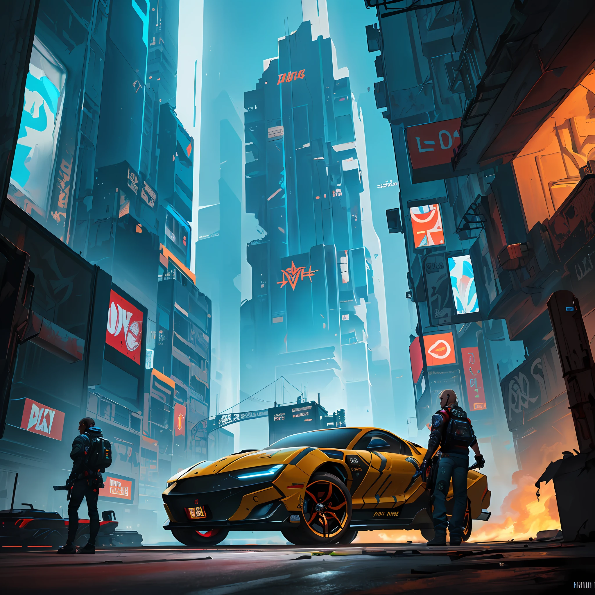a darker and more surreal pixar-style Cyberpunk 2077-inspired universe with a futuristic vehicle and a futuristic building and a shiny object