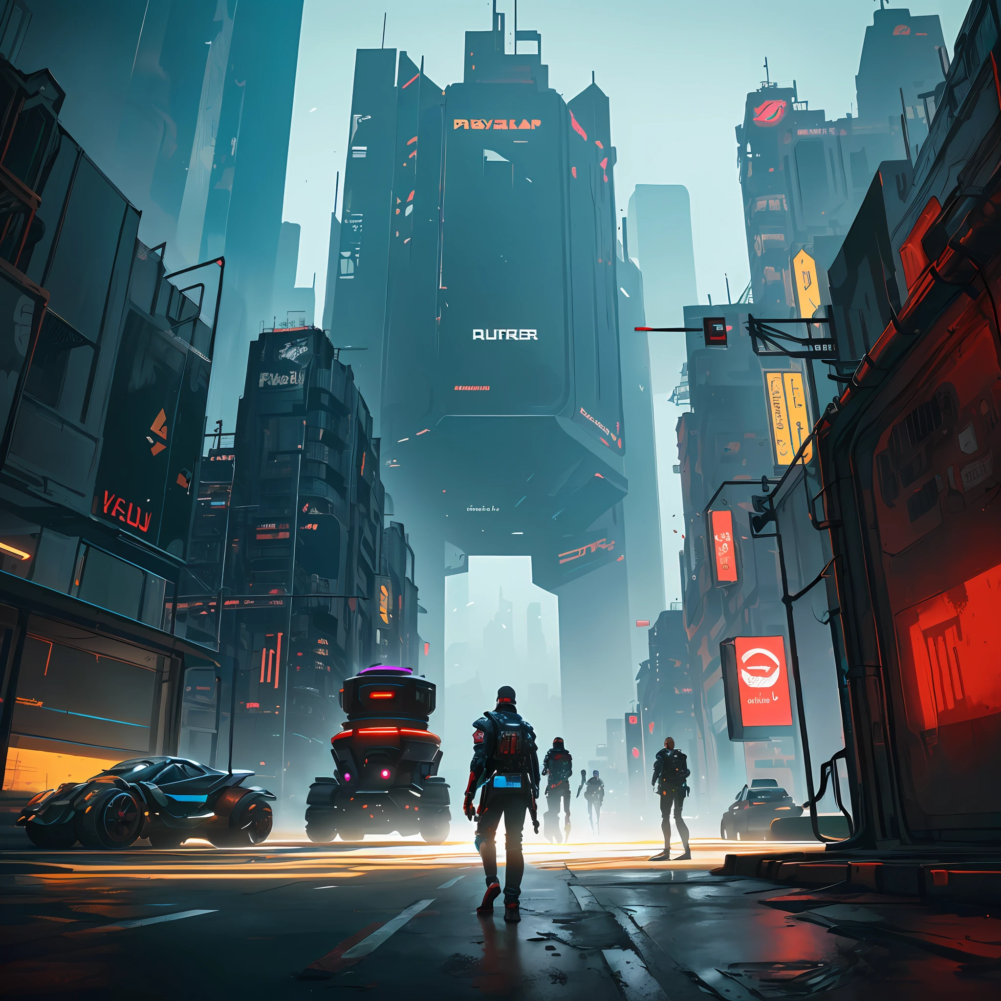 a darker and more surreal pixar-style Cyberpunk 2077-inspired universe with a futuristic vehicle and a futuristic building and a shiny object