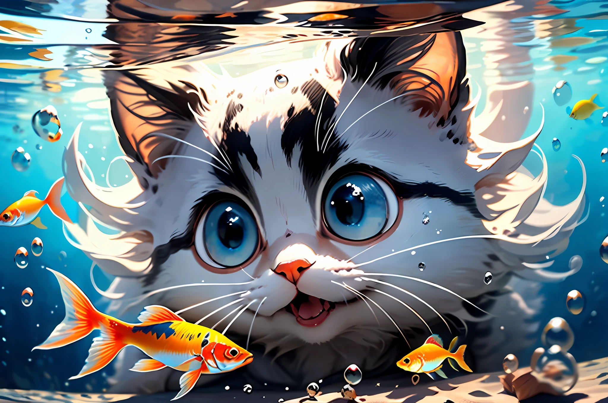 Ragdoll cat, MG mao, (Gray-black ears:1.3), white face, textured face, Exquisite visuals, high-definition, masterpieces, fish, whiskers, blue eyes, no humans, animal focus, open mouth, looking at viewer, white cat, underwater, bubble, solo, swimming, goldfish, submerged,