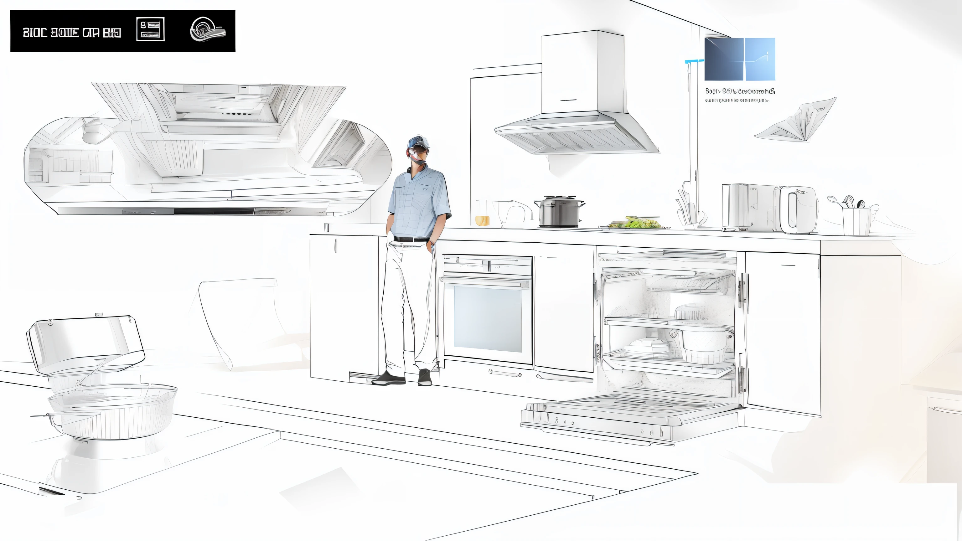 A man stands in the kitchen，Highlight the range hood，3d effect，Cool，photorealestic，8k，618 activities，Coupons flew out of the kitchen