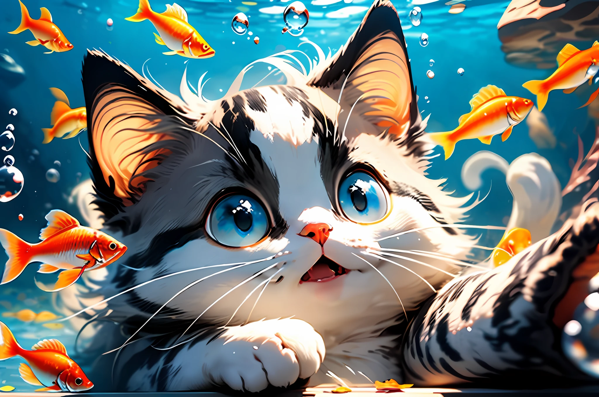 Ragdoll cat, MG mao, (Gray-black ears:1.3), white face, textured face, Exquisite visuals, high-definition, masterpieces, fish, whiskers, blue eyes, no humans, animal focus, open mouth, looking at viewer, white cat, underwater, bubble, solo, swimming, goldfish, submerged,