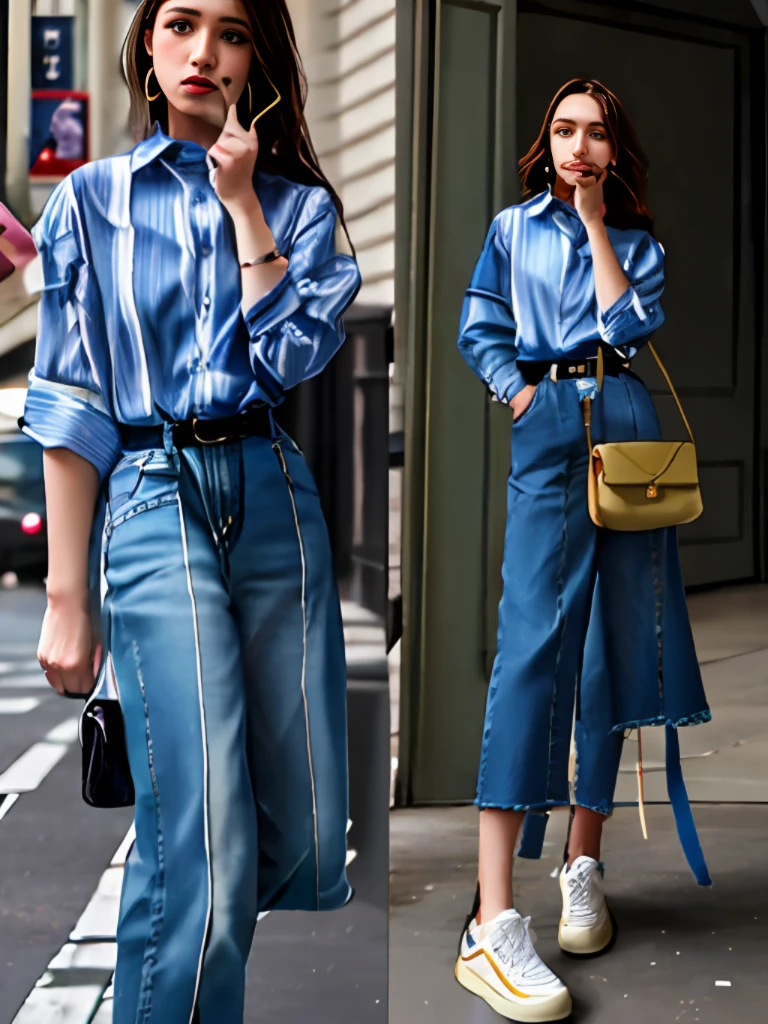 arafed woman in a blue shirt and a blue skirt holding a cell phone, wearing a shirt and a jean, casual clothing style, Long shirt, Advertising images, 2 0 2 0 fashion, wearing elegant casual clothes, two - tone, double denim, Denim, multilayered outfit, Asymmetry!!, kawaii shirt and jeans, jia, casual clothing