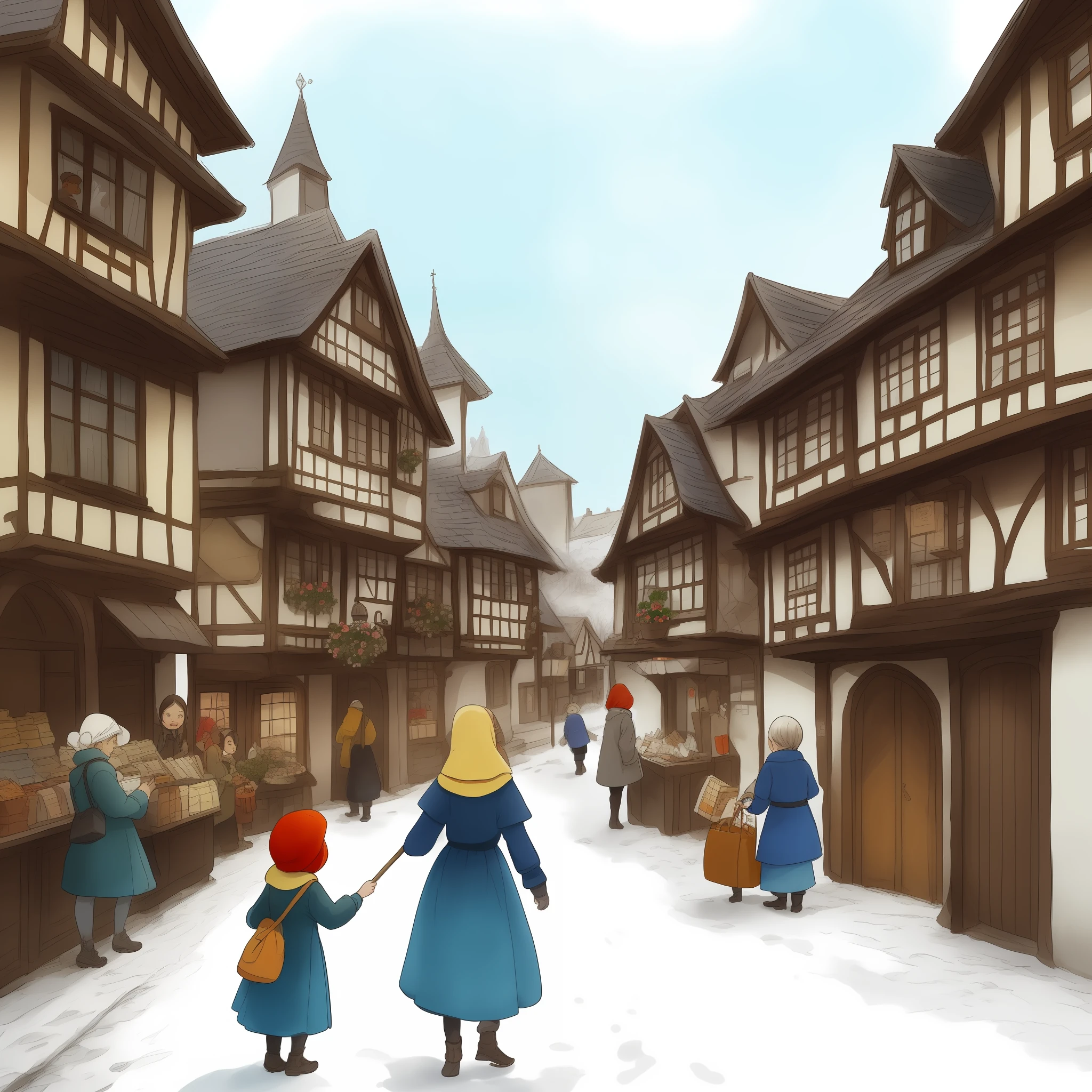 Little girl in the cold street,Selling matches to passers-by。The little girl shouted,He asked an old mother if she wanted to buy matches,But the old mother waved her away。Complete hands。fairy-tale illustration style, fairy tale illustration, storybook illustration, medieval town landscape, storybook illustration, fairytale illustration