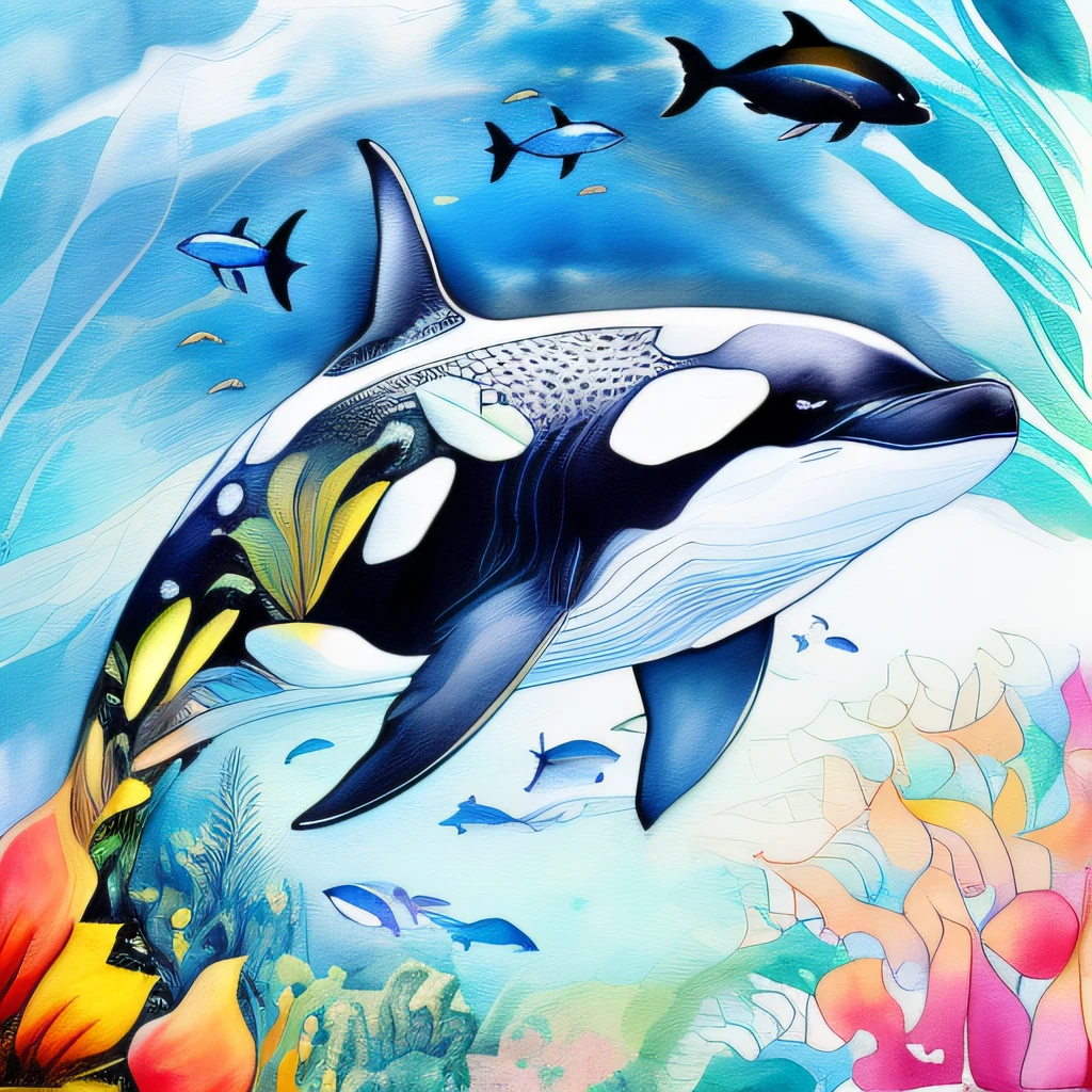 Drawing of a whale and fish, Highly detailed ink illustration, Highly detailed illustration, Orca whale, Highly detailed animal, Colorful watercolor