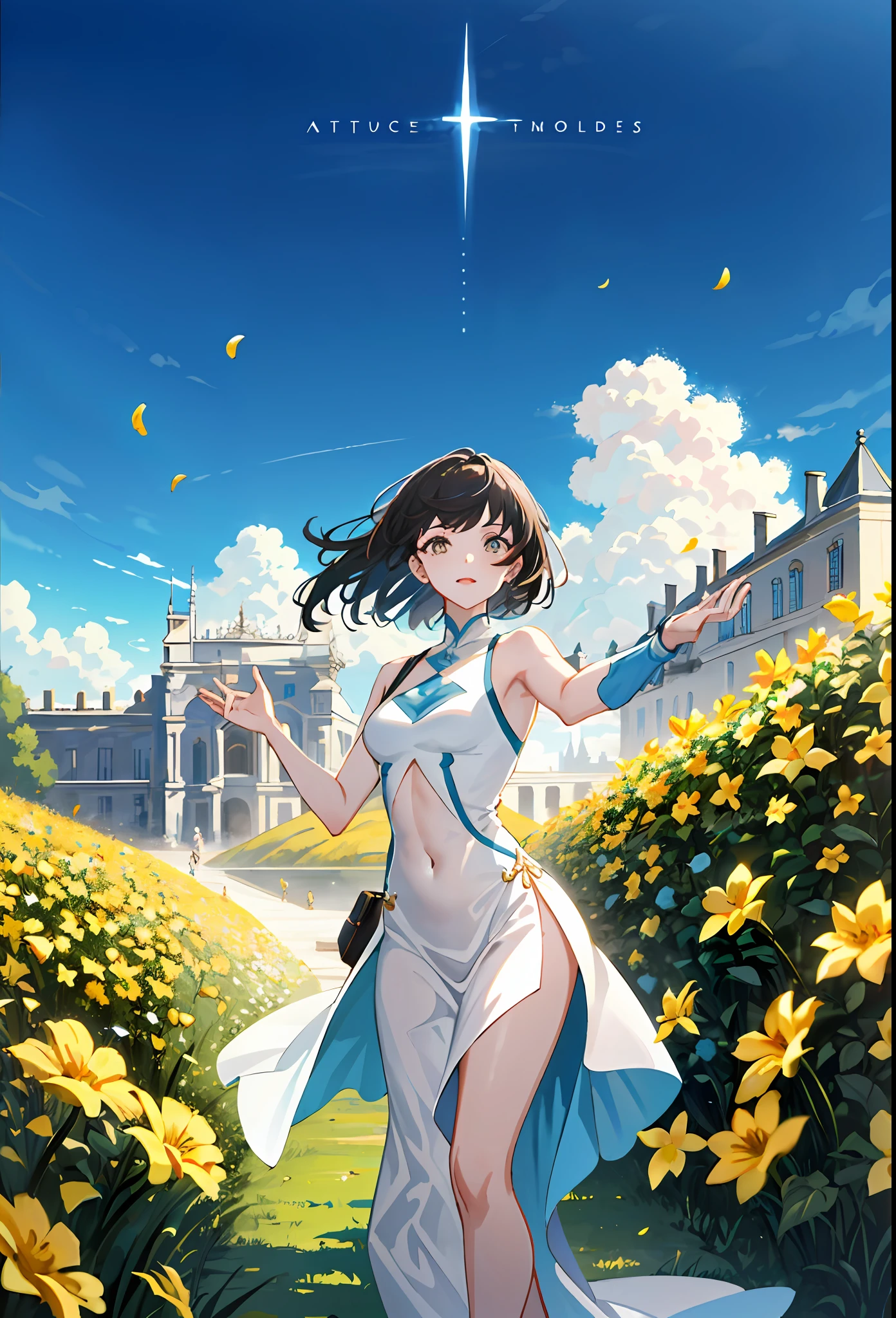 Model shooting style, (extremely detailed CG Unity 8k wallpaper), full-shot body photo of the most beautiful artwork in the world, stunning beautiful photo realistic available, super realistic super detailed photo, a beautiful girl as a female dancer,complex dress, banquet, crowd, [slight smile],(Chateau de Versailles, Pisa Baptistery Of St. John background, Flowers,navel,crowd),(princess eyes, shining pupils),detailed symmetrical beautiful hazel eyes, detailed gorgeous face, highly detailed, Vibrant, professional majestic oil painting by Ed Blinkey, Atey Ghailan, Studio Ghibli, Jeremy Mann, Greg Manchess, Antonio Moro, ArtStation Trends, CGSociety Trends, Complex, High Detail, Sharp Focus, Dramatic, Realistic Painting Art, by Midjourney and Greg Written by Rutkowski