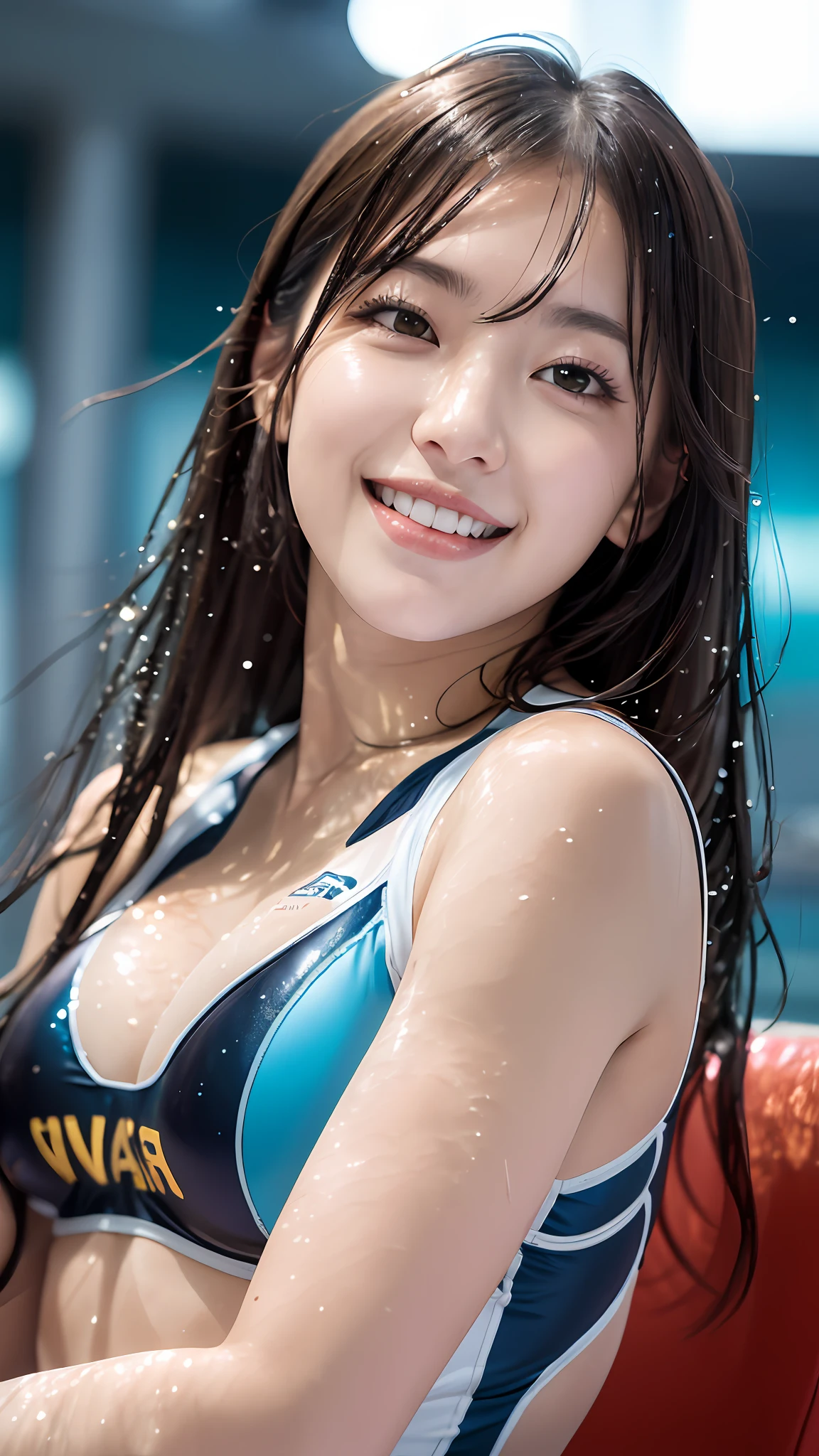 (8k, ultra high res, best quality, masterpiece: 1.2),(18 years old: 1.2), (dishonest laughter), (avert away), 8k, RAW portrait of Japan girl, photorealistic, ultra high resolution, highest quality, (gigantic breasts, cleavage: 1.2),(swimming race suit :1.3), (from bottom: 1.2), sitting on a chair, crossing arms, (panchira: 1.2), (luxury café: 1.4) break (natural skin texture, detailed skin, hyper-realism, ultra-sharpness), intricate details, depth of field, dim lighting, korean idol, nogizaka idol, gravure idol, actress, fashion model pose, sea, italian sea, hawaiian sea