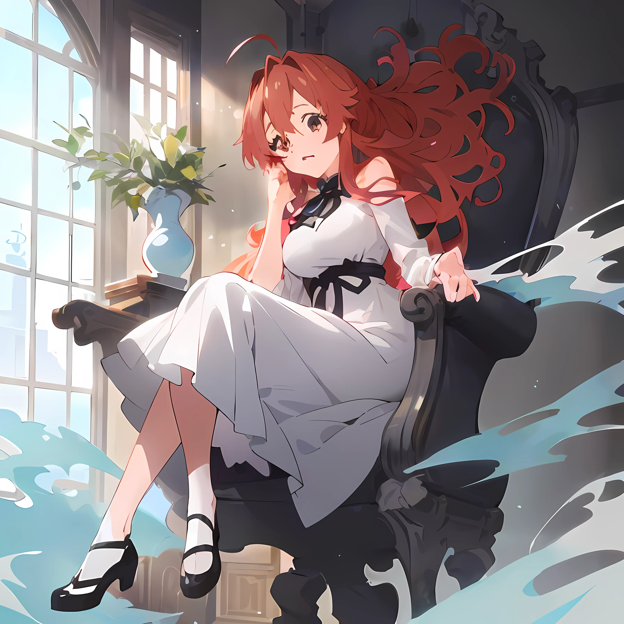 (Ultra detailded、a highres、Kyoto Animation Style Anime Illustration、Top Quality Official Art Feature:1.6)、break、Detailed beautiful face and eyes、Highly detailed body、Nice hands with very detailed hair、perfect hand、beautifull hands、(1girls:1.4)、(kawaii:1.2)、(beauty woman:1.2)、(Big breasts beauty: 1.1)、(wicked smile: 1.2), elegence , break, (Idle face: 0.7), Floating hair, Ahoge,red hairs、Wavy semi-long, Medium-sized breasts,(Woman in white dress: 1.2), break,full full body,western building,parlor,Sitting in the president's chair