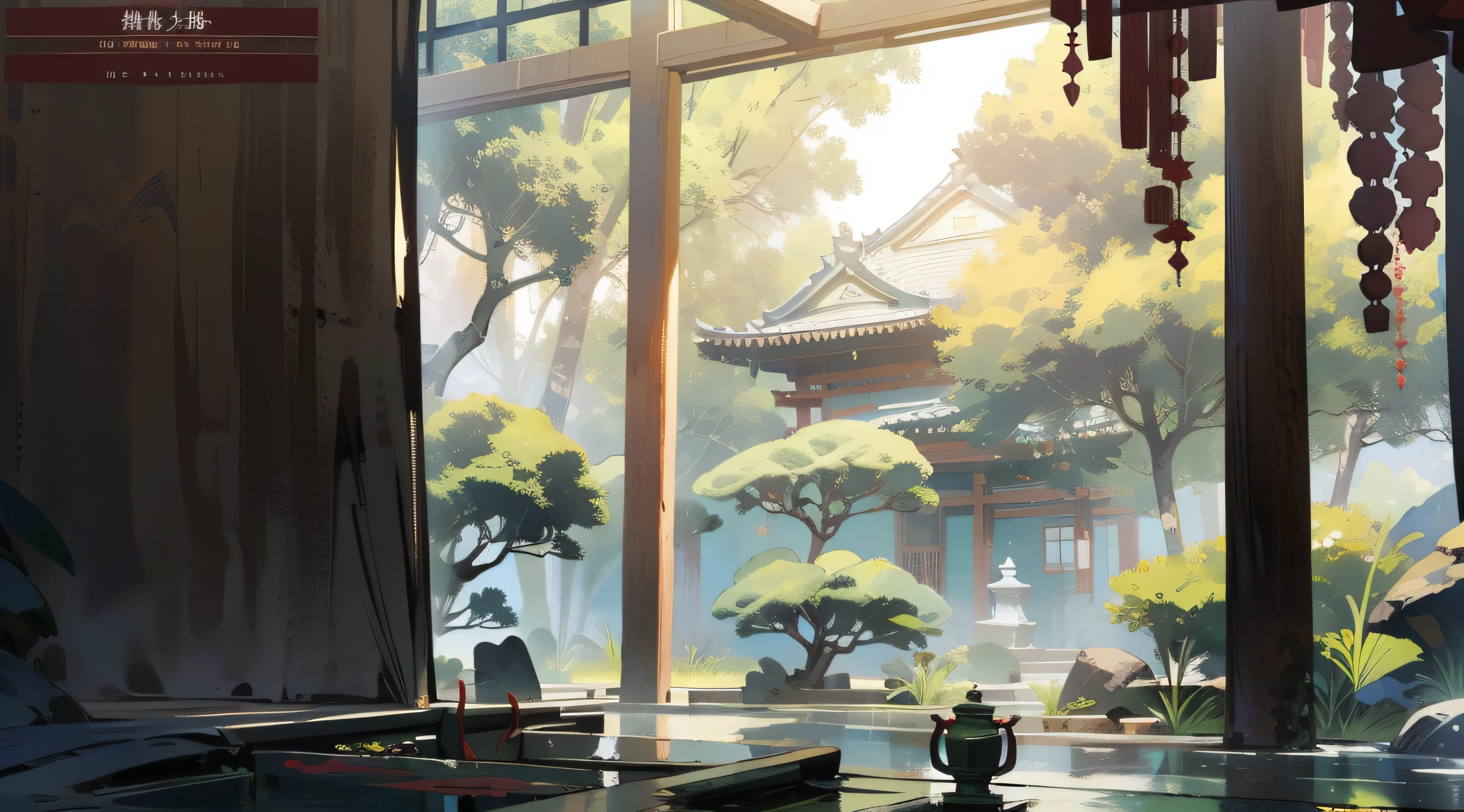 （Ancient Japanese garden design），porch，Sliding doors，Depth，symmetrical design，（wood planks，Furniture，Bonsai，vase，massive trees，florals，Japanese-style lamps，screen，ponds，courtyard，waterwheels），abundant detail，Ancient Japanese Showa style，Quiet and elegant atmosphere，Cool tones are the keynote，Delicate and soft painting style，Cinematic lighting effects，HD picture quality，  ，Gentle light，Tyndall effect，dreamlike，abundant detail，Refer to Gu Kaizhi，32k--niji 5