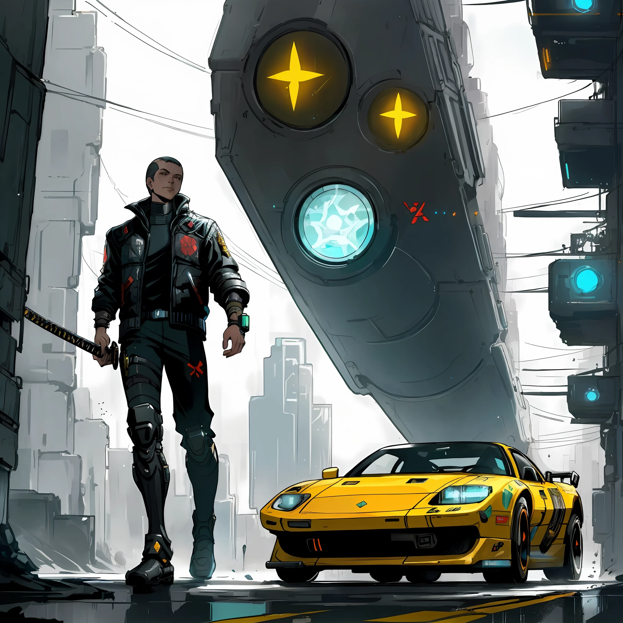 a universe inspired by Cyberpunk 2077, darker and more surreal in the pixar style, with a futuristic vehicle and a futuristic building and a shiny object, a realistic character wearing a technological armor and his Nobunaga katana;