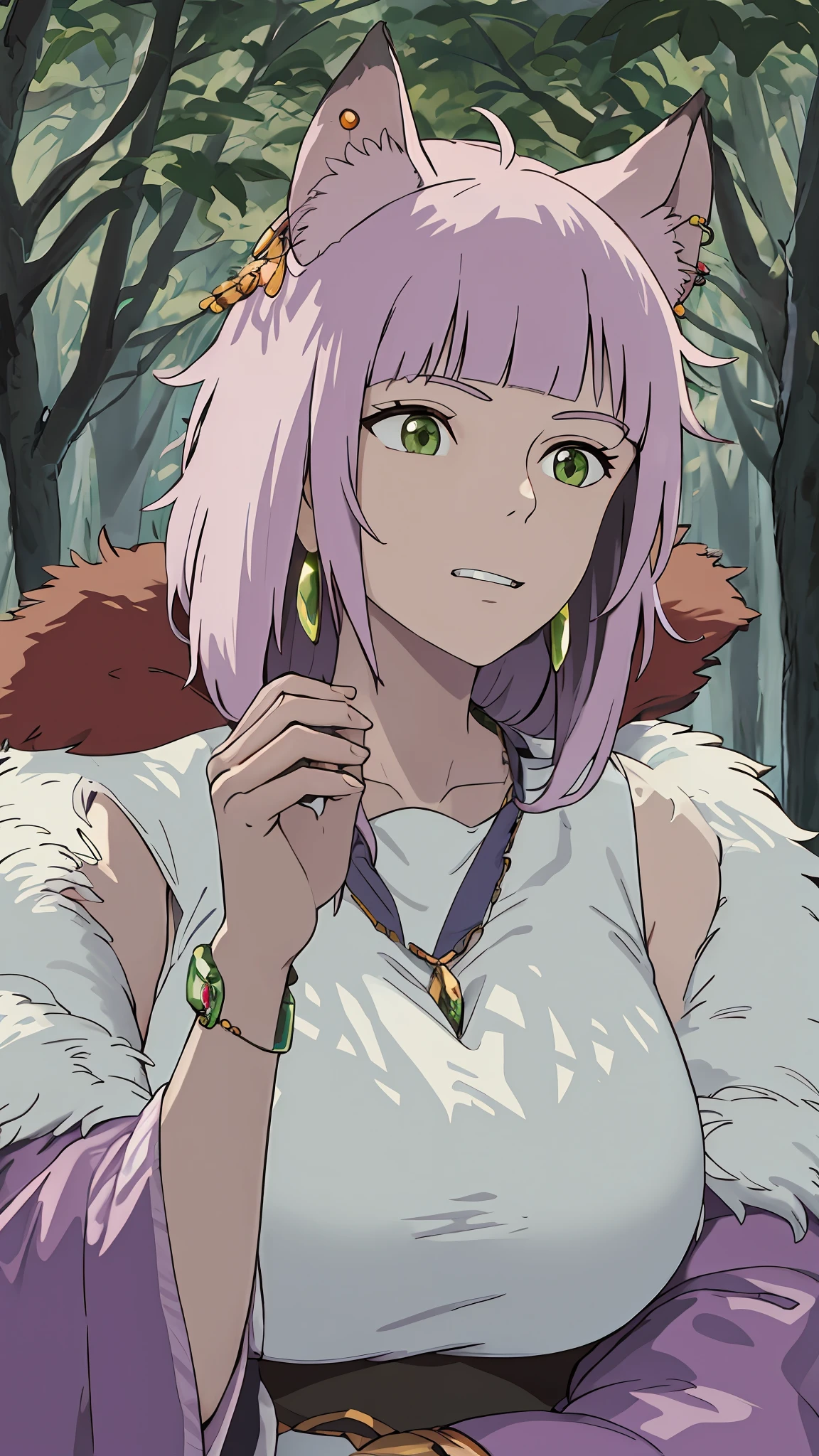 ghibli style，，Armbands，hair bangs，Brunette Big breasts，black undershirt，lagre breasts，capa，tiaras，ear ring，Facebook，floatinghair，forests，Fur cloak，huge breasts green eyes，jewelries，looking at the spectator，mid breasts、naturey、gargantilha、al fresco、partedbangs、chemise、bobhair、Sleeveless、Sleeveless shirt、独奏、Teeth necklace、The tree、upper-body、
