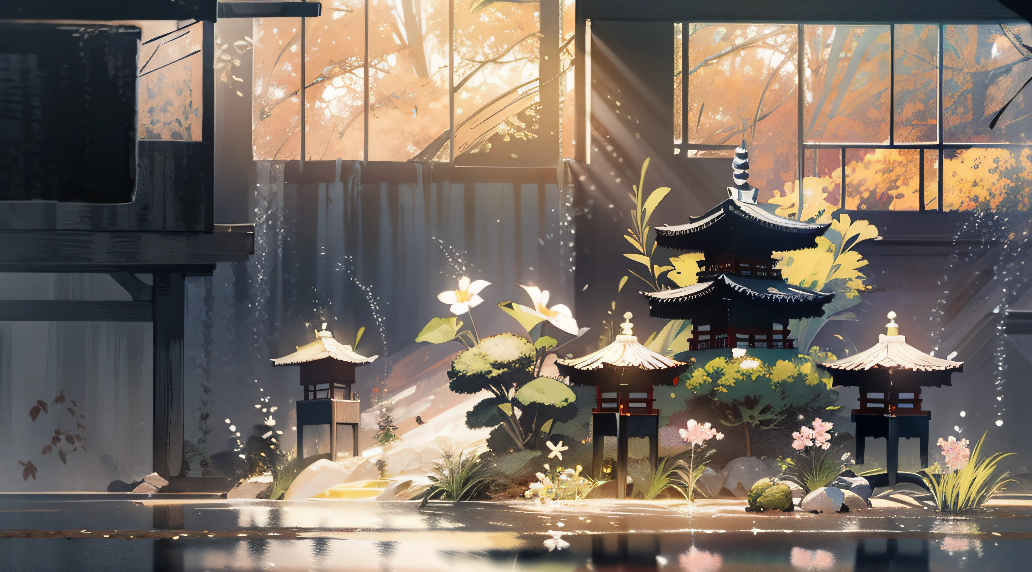 (Ancient Japanese garden design),porch,Sliding doors,Depth,symmetrical design,(wood planks,Furniture,Bonsai,vase,massive trees,florals,Japanese-style lamps,screen,ponds,courtyard,waterwheels),abundant detail,Ancient Japanese Showa style,Quiet and elegant atmosphere,Cool tones are the keynote,Delicate and soft painting style,Cinematic lighting effects,HD picture quality, ,Gentle light,Tyndall effect,dreamlike,abundant detail,Refer to Gu Kaizhi,32k--niji 5