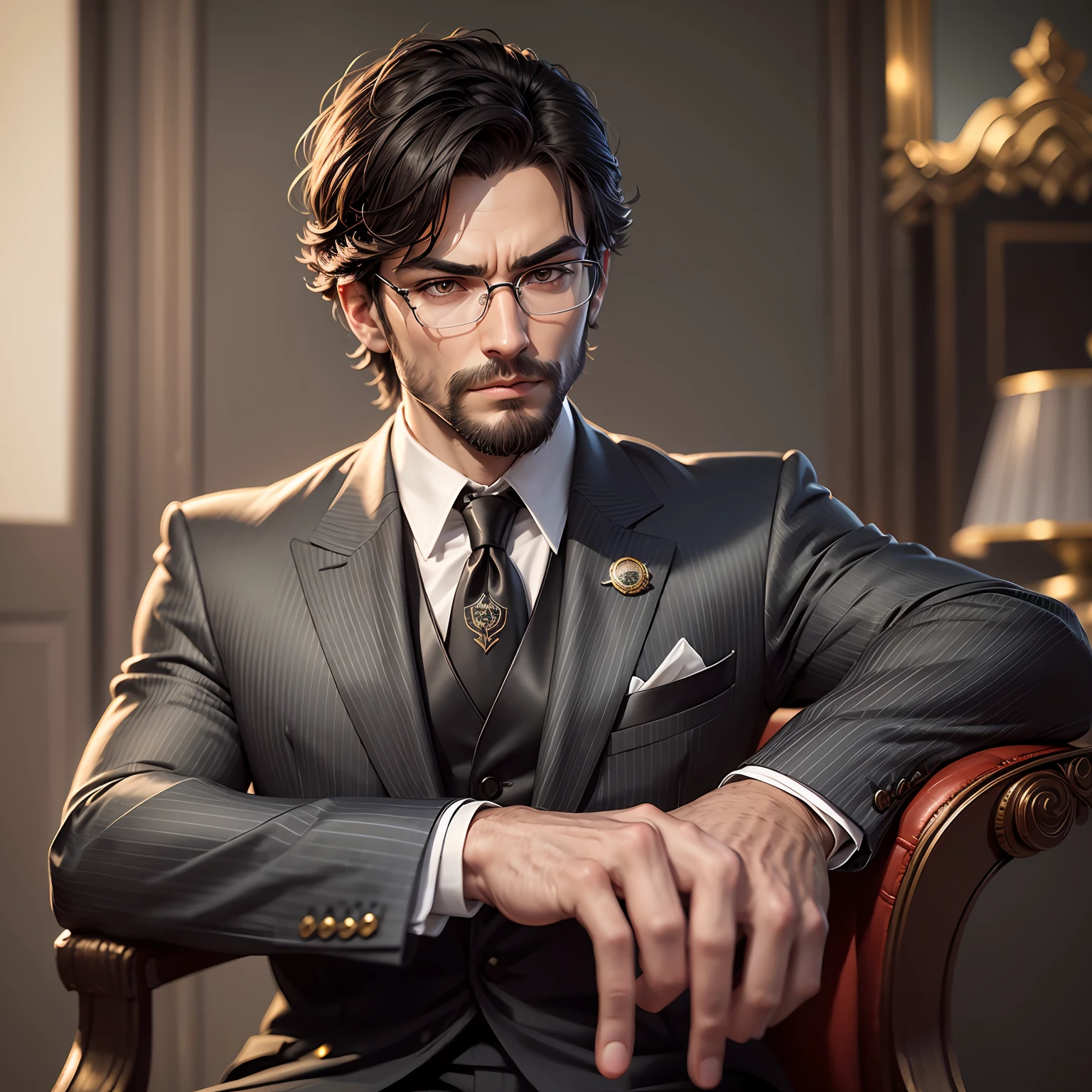3 d render character art 8 k, anton fadeev 8 k, stunning digital illustration, by Arik Brauer, cgsociety concept art, cgsociety 8k,Male Tarot Fortune Teller、Portrait painting、Fortune-telling room、Wearing dark sunglasses、Wearing a suit、Modern Japan、The lighting is dim、Black stick tie、sitting on、 --auto