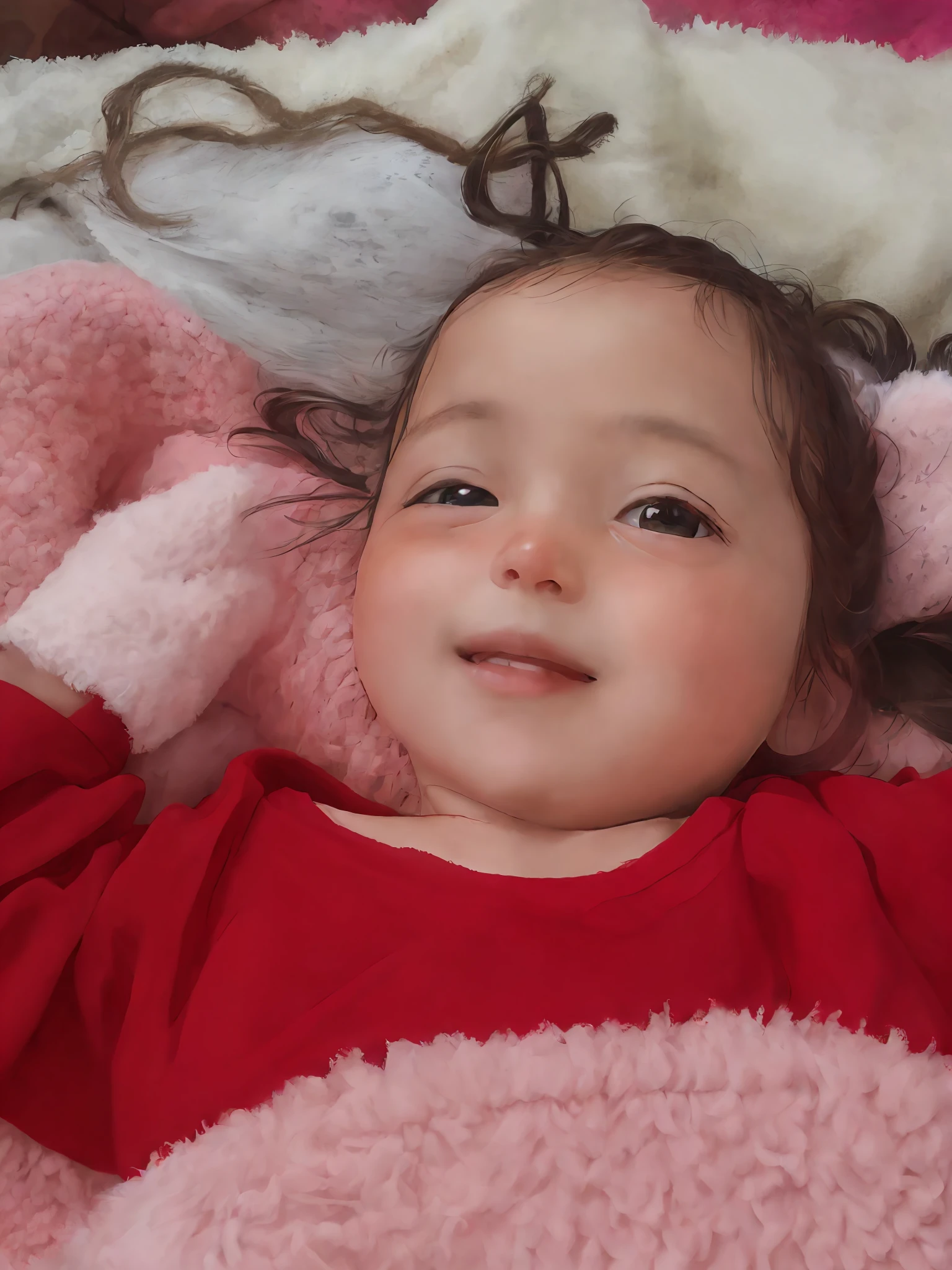 arafed baby laying on a blanket with a pink blanket, bochechas rosadas, muito bobo olhando, alexa grace, muito ligeiramente sorridente, foto de retrato em close-up, Kaitlyn Michelle Siragusa, closeup of an adorable, happily smiling at the camera, not cropped, Looking towards the camera, foto de closeup, doce e inocente, holding it out to the camera