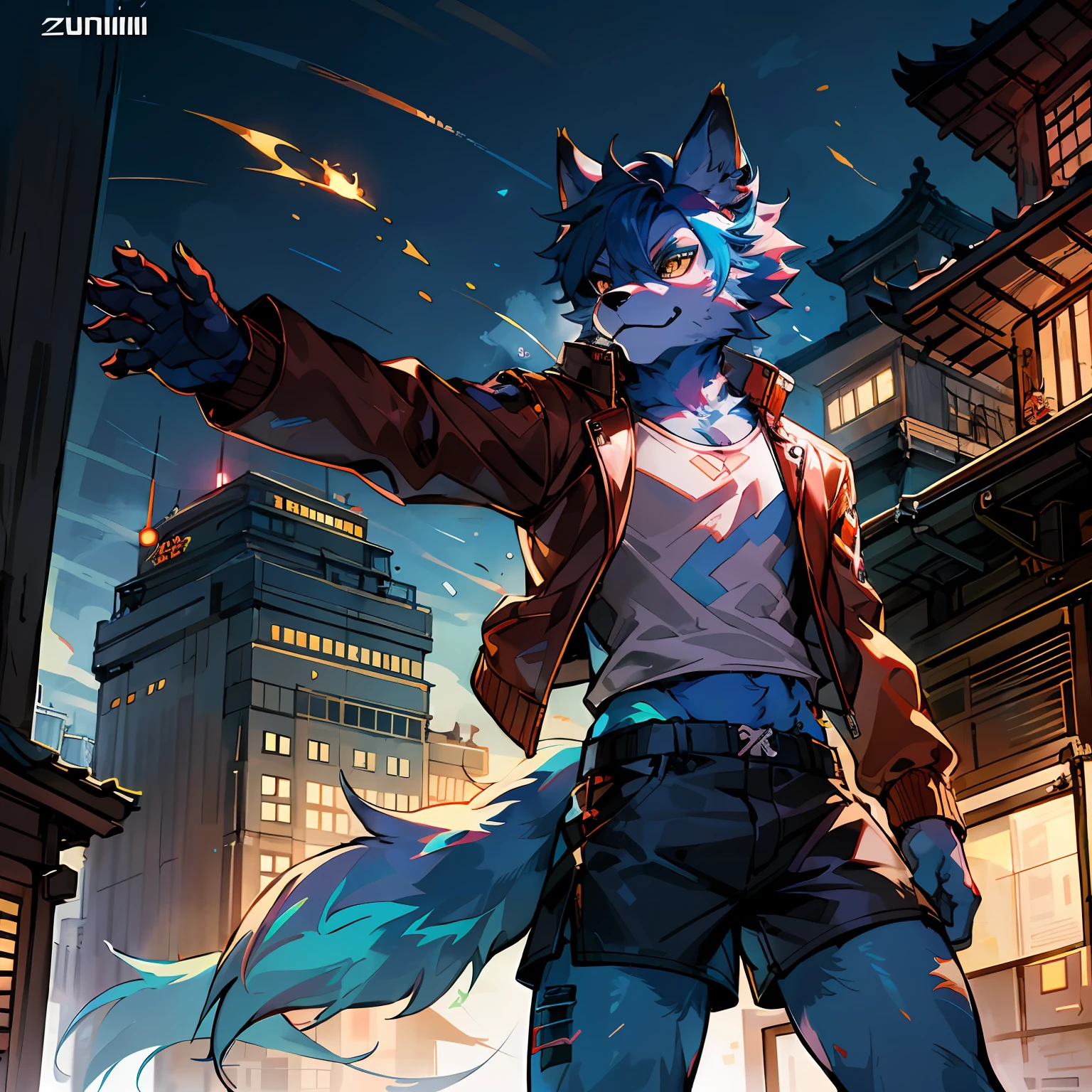anime - style illustration of a man with a furry tail and a leather jacket, an anthropomorphic cyberpunk fox,  Furry art, style of anime, hero pose, fursona art, By Yuumei, high resolution commission, fursona furry art commission, fursona wearing stylish clothes