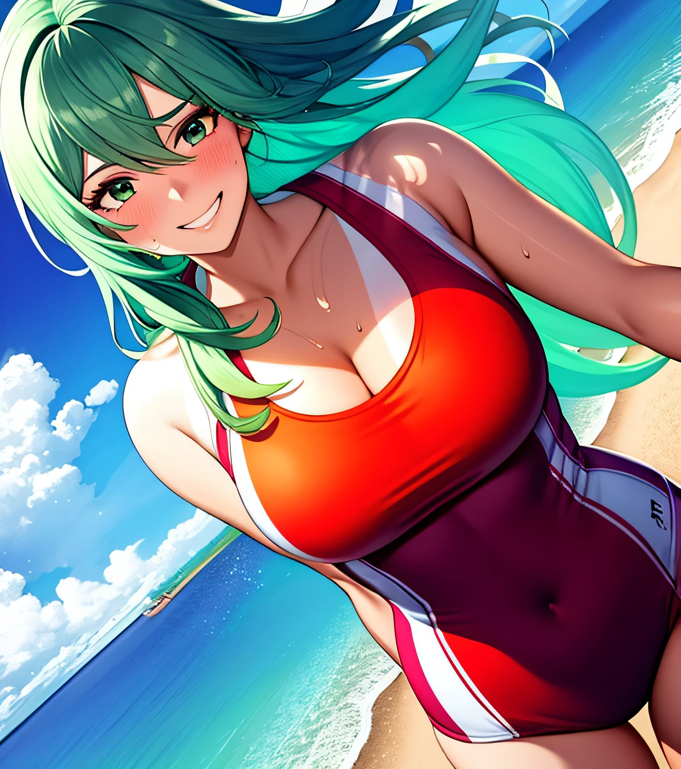 1girl, 2solo focus, Beautiful anime portrait of a curvy woman with long sea-green hair playing beach volleyball and wearing a red one-piece bathing suit, windswept hair, grinning, tanned skin, 26 year old woman, sweating, sand, sunny, beach, ultra detailed, masterpiece, 8k, volumetric lighting, dutch angle