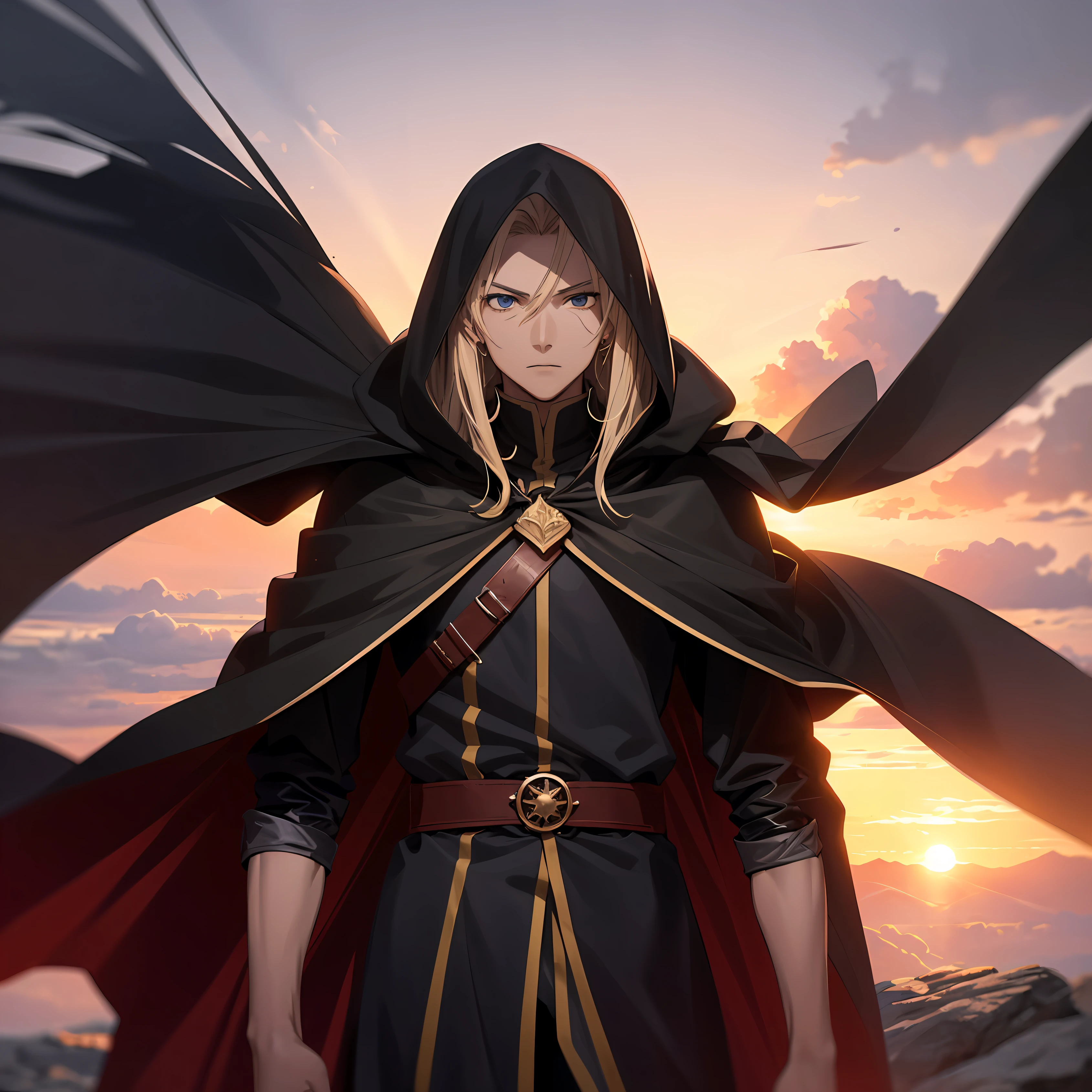(man anime:1.1) com roupa futurista, lidando com os mortos (deads), (sunset mountain:1.2), retroiluminado, dramatic lighting, dinamic pose, (long hair:1.1) soprado pelo vento, (black cape:1.2),pt. --auto