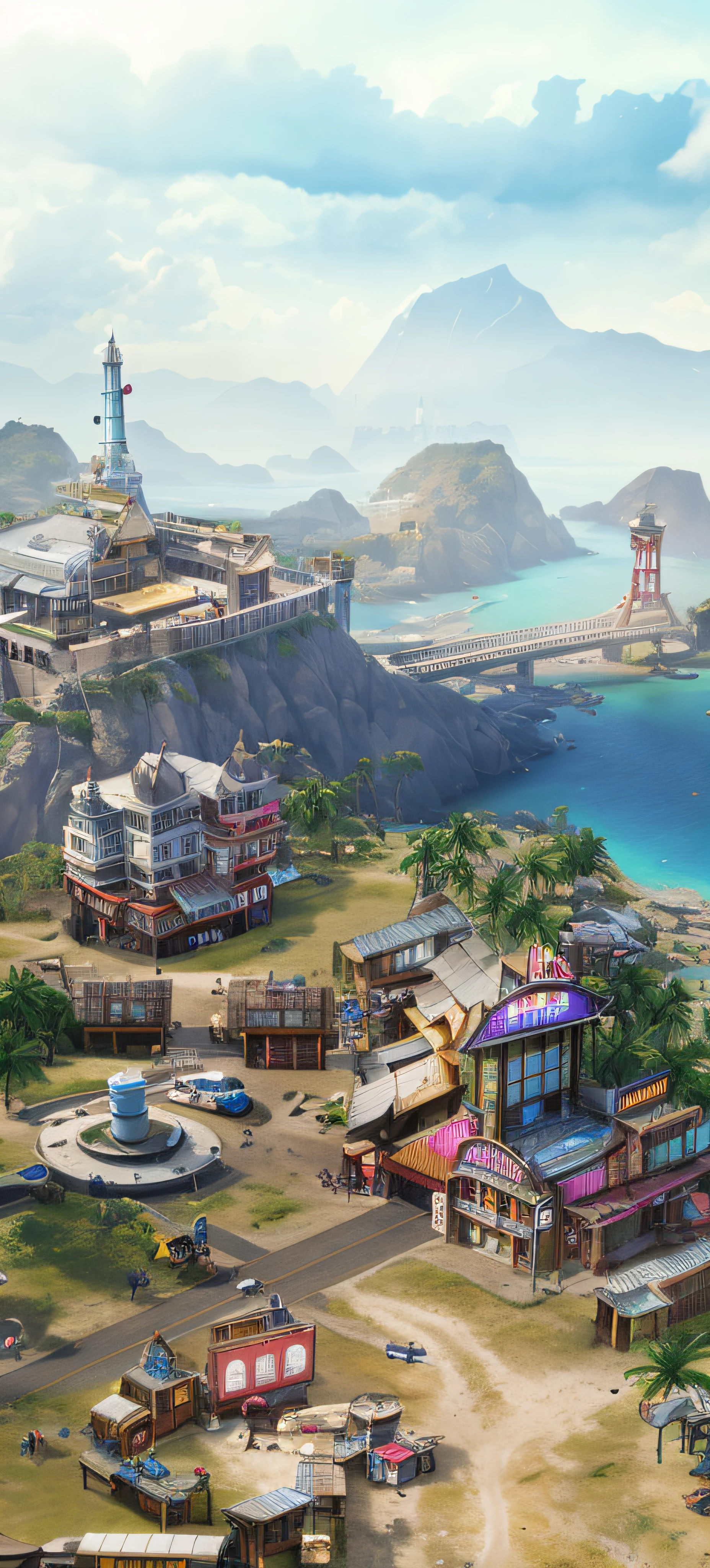 there is a picture of a city with a bridge and a beach, tropical coastal city, stunning screenshot, detailed game art illustration, background artwork, game art matte painting, 2020 video game screenshot, isometric game art, detailed game art, town background, gameplay screenshot, beautiful screenshot, game key art, game map matte painting, mobile game background
