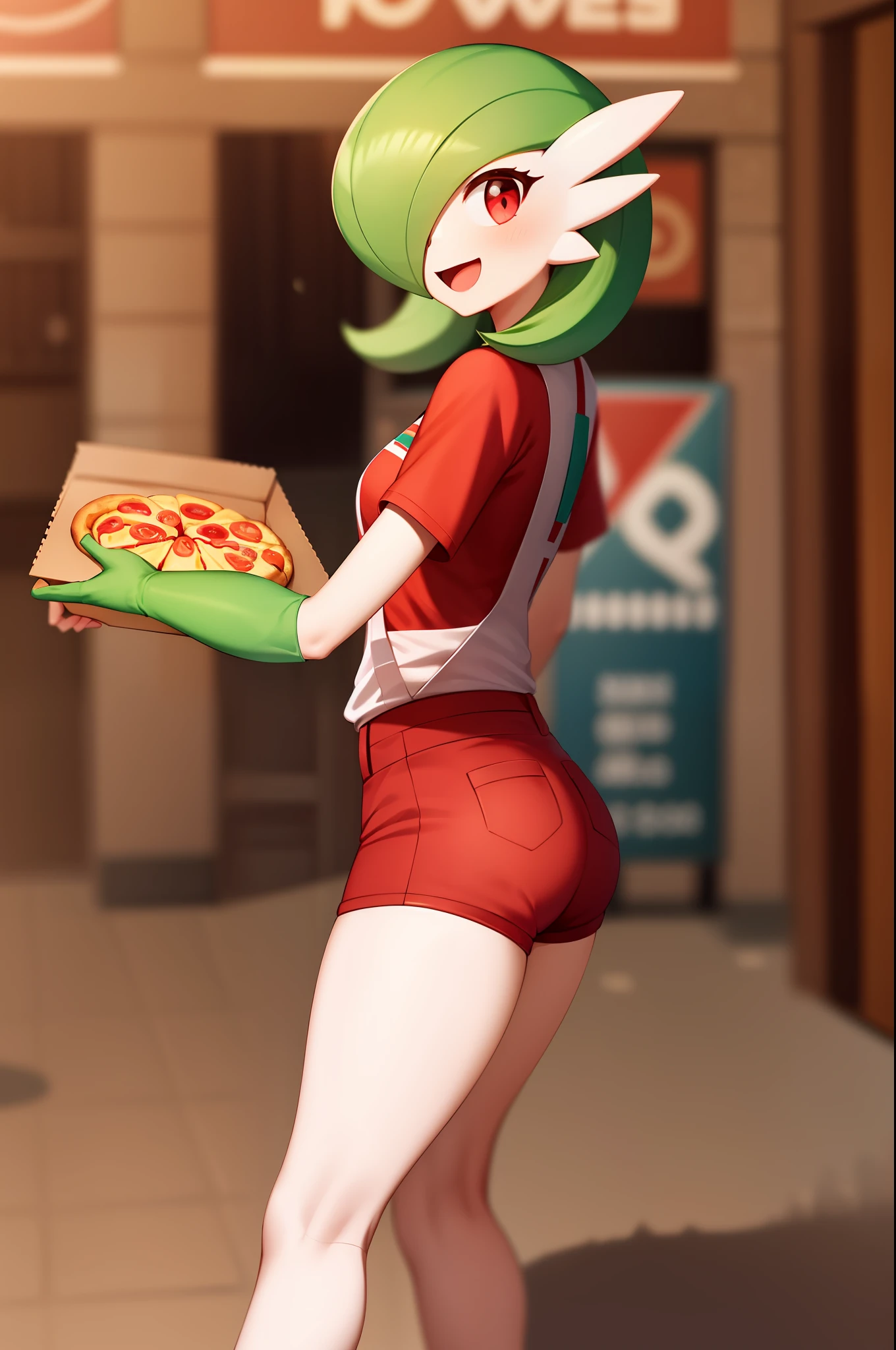 obra maestra, best_quality, 1girl, solo, gardevoir, pokemon \(criatura\), cabello verde, ojos rojos, en una ciudad, de noche, sonrisa, usando shorts, camisa roja, uniforme de pizzeria, lleva una caja de pizza en la mano, caja para pizzas, uniforme ajustado, senos femeninos, senos medianos.