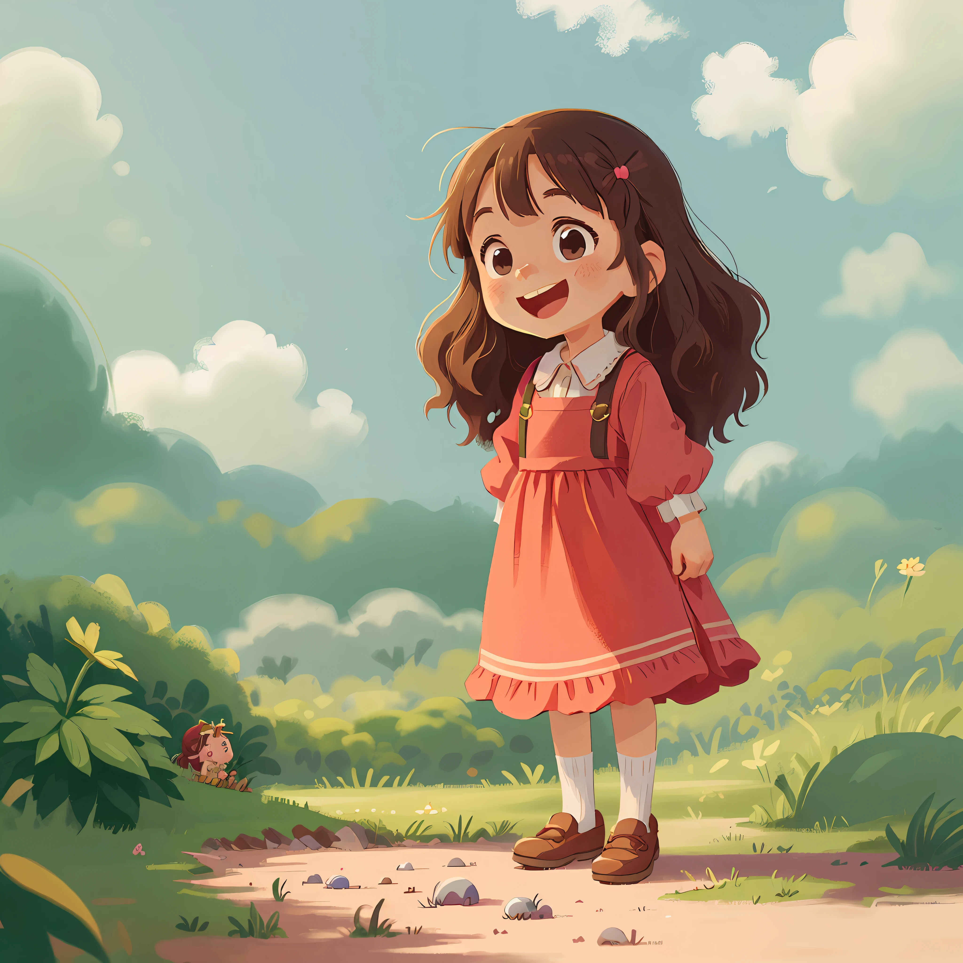 Happy child girl. Estilo bucolico. Women's Children's Princess Clothes. Cor lisa. Arte simples. Estilo estudio ghibli. Estilo personagem moranguinho. Castelo ao fundo.