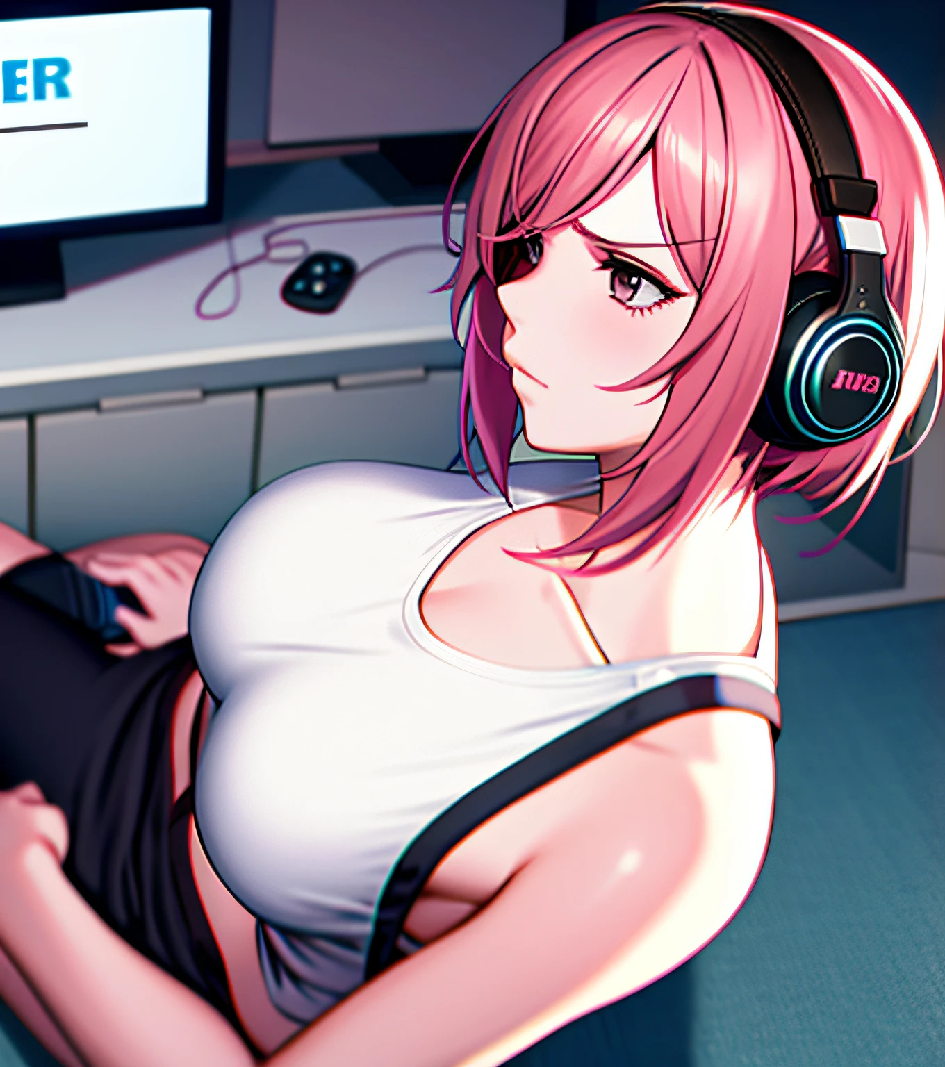 1girl, 2solo focus, Beautiful anime portrait of an aggressive gamer girl sitting on the floor playing video games, wearing a loose tank top and boyshorts, messy short pink hair tied back, 23 years old, headphones, gray eyes, losing, angry, interior, game room, ultra detailed, masterpiece, 8k, volumetric lighting, side view, from above