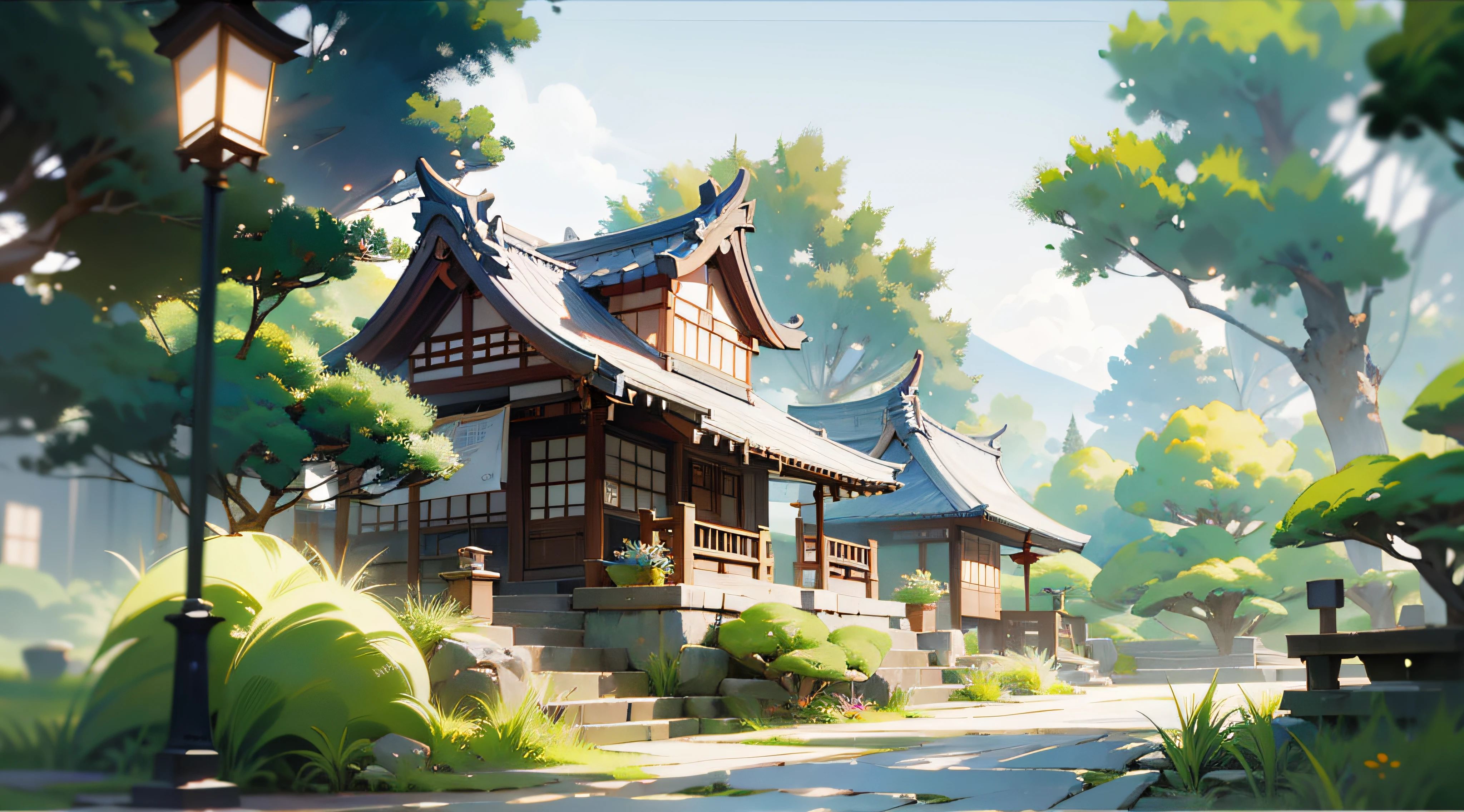 （Ancient Japanese garden design），（Cobblestone road，porch，Sliding doors，Depth，symmetrical design），（wood planks，Furniture，Bonsai，vase，massive trees，florals，Japanese-style lamps，screen，ponds，courtyard，waterwheels），abundant detail，Ancient Japanese Showa style，Quiet and elegant atmosphere，Cool tones are the keynote，Delicate and soft painting style，Cinematic lighting effects，HD picture quality，Gentle light，Tyndall effect，dreamlike，abundant detail，Refer to Gu Kaizhi，32K