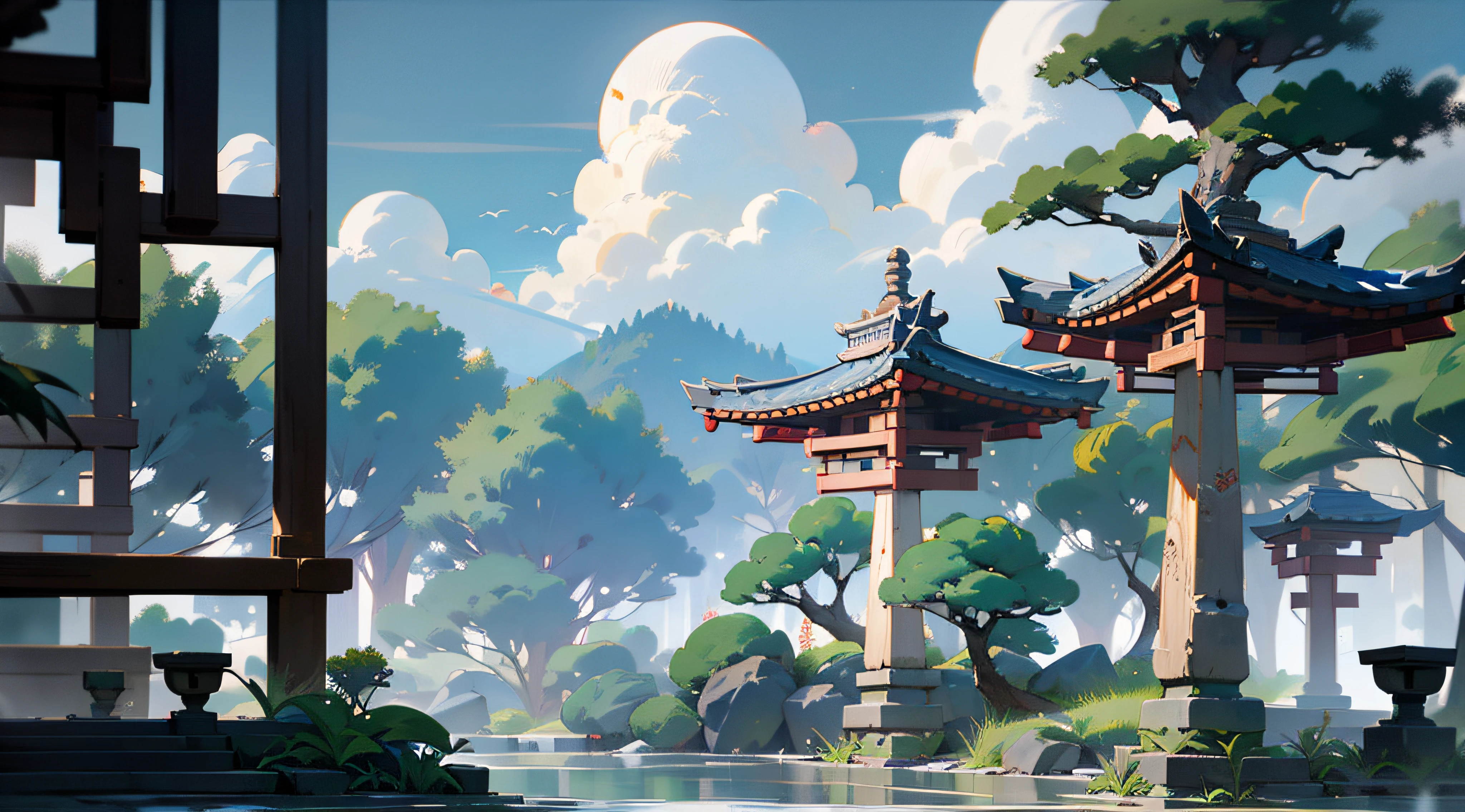 (Ancient Japanese garden design),(Cobblestone road,porch,Sliding doors,Depth,symmetrical design),(wood planks,Furniture,Bonsai,vase,massive trees,florals,Japanese-style lamps,screen,ponds,courtyard,waterwheels),abundant detail,Ancient Japanese Showa style,Quiet and elegant atmosphere,Cool tones are the keynote,Delicate and soft painting style,Cinematic lighting effects,HD picture quality,Gentle light,Tyndall effect,dreamlike,abundant detail,Refer to Gu Kaizhi,32K