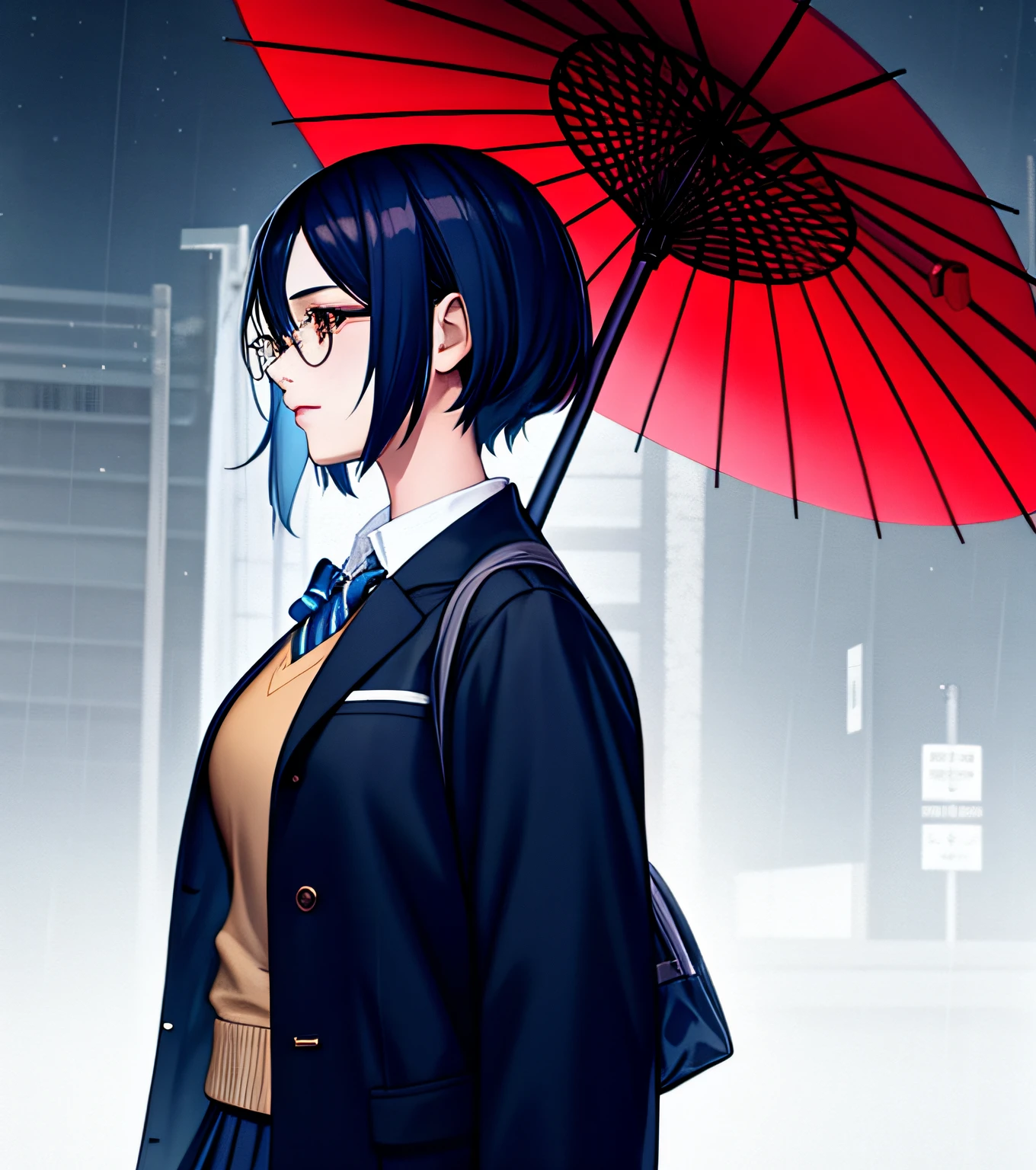 1girl, 2solo focus, Beautiful anime portrait of a gloomy girl with short blue hair and brown eyes walking home in the rain carrying an umbrella in her hand, glasses, school uniform, pleated skirt, jacket, 19 years old, Japanese residential street, overcast, ultra detailed, masterpiece, 8k, volumetric lighting, side view