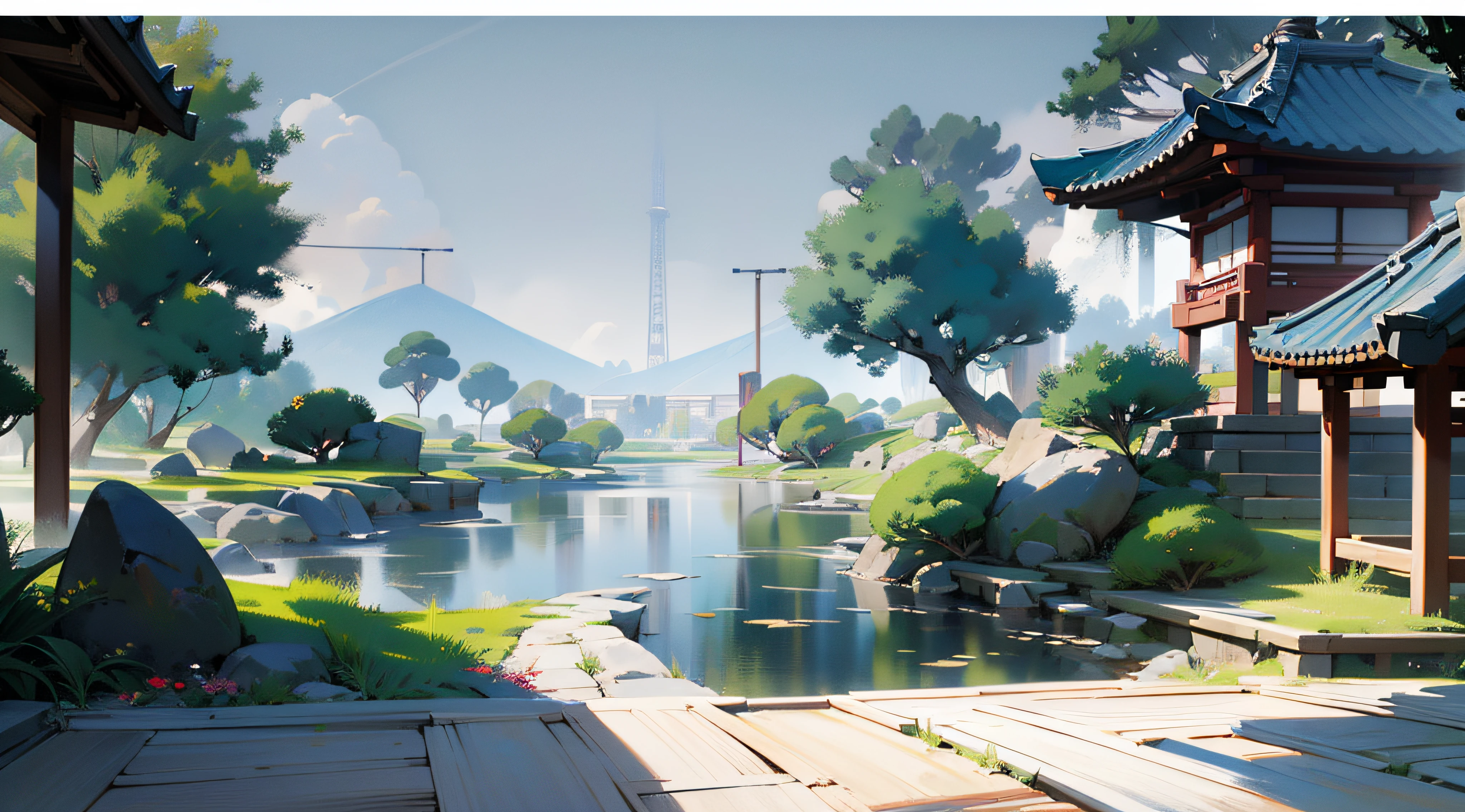 (Ancient Japanese garden design),(Cobblestone road,porch,Sliding doors,Depth,symmetrical design),(wood planks,Furniture,Bonsai,vase,massive trees,florals,Japanese-style lamps,screen,ponds,courtyard,waterwheels),abundant detail,Ancient Japanese Showa style,Quiet and elegant atmosphere,Cool tones are the keynote,Delicate and soft painting style,Cinematic lighting effects,HD picture quality,Gentle light,Tyndall effect,dreamlike,abundant detail,Refer to Gu Kaizhi,32K