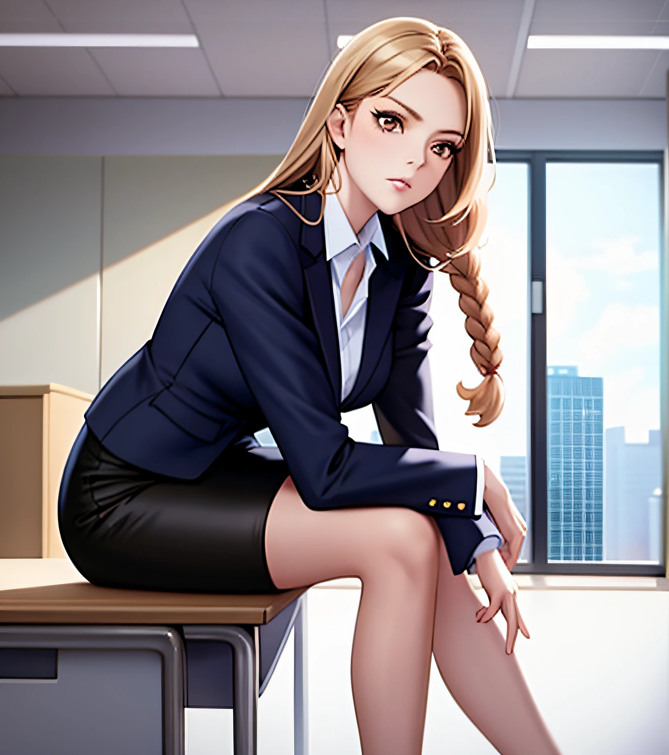 1girl, 2solo focus, Beautiful anime portrait of a professional woman sitting on her desk and wearing a business jacket and black pencil skirt, 30 years old, long braided sandy blond hair, hazel eyes, serious expression, leaning forward, office, office building, interior, cloudy, ultra detailed, masterpiece, 8k, volumetric lighting, front view, full body view