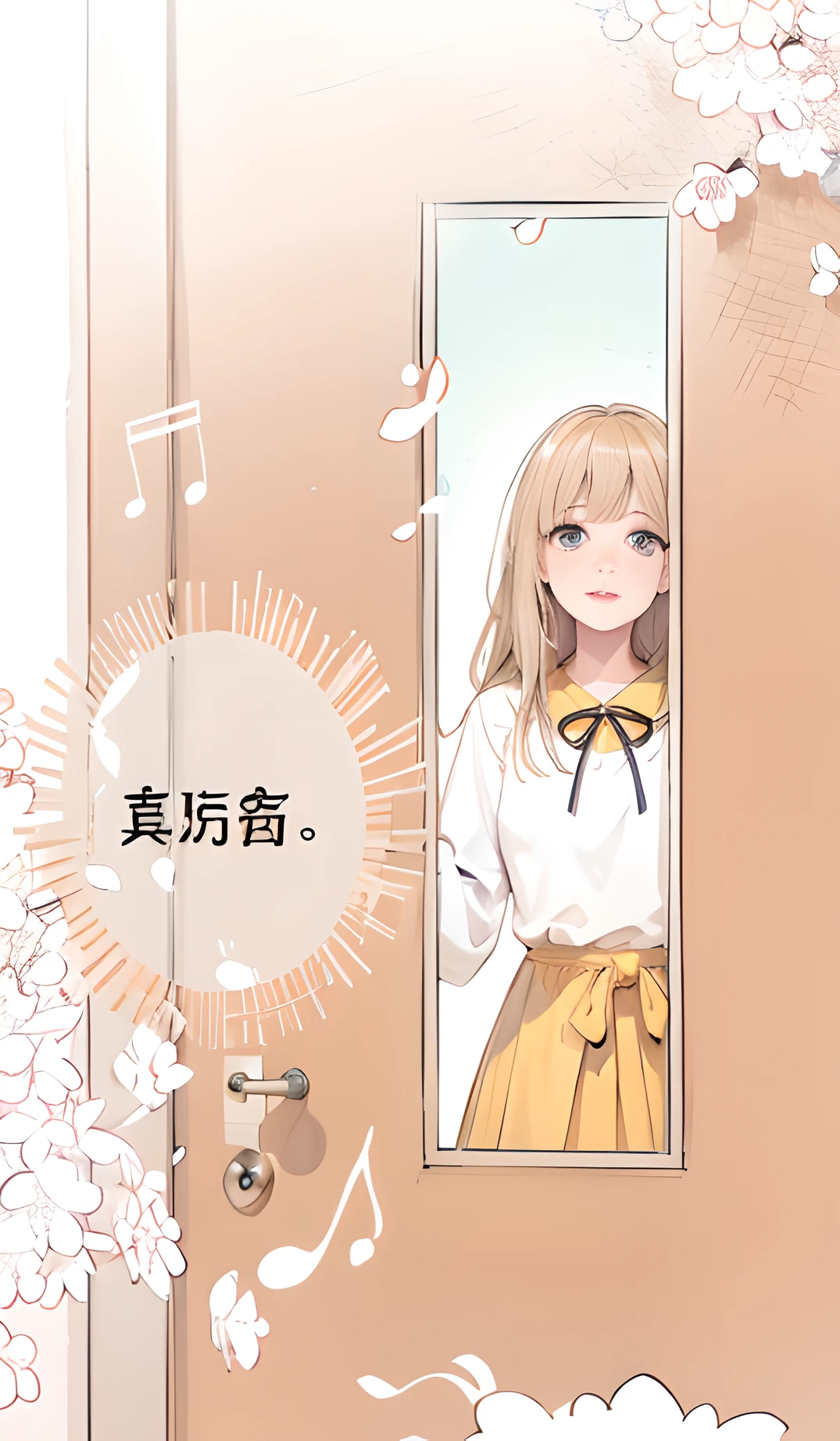 A girl in a yellow and white dress，Perfect face，Orange door