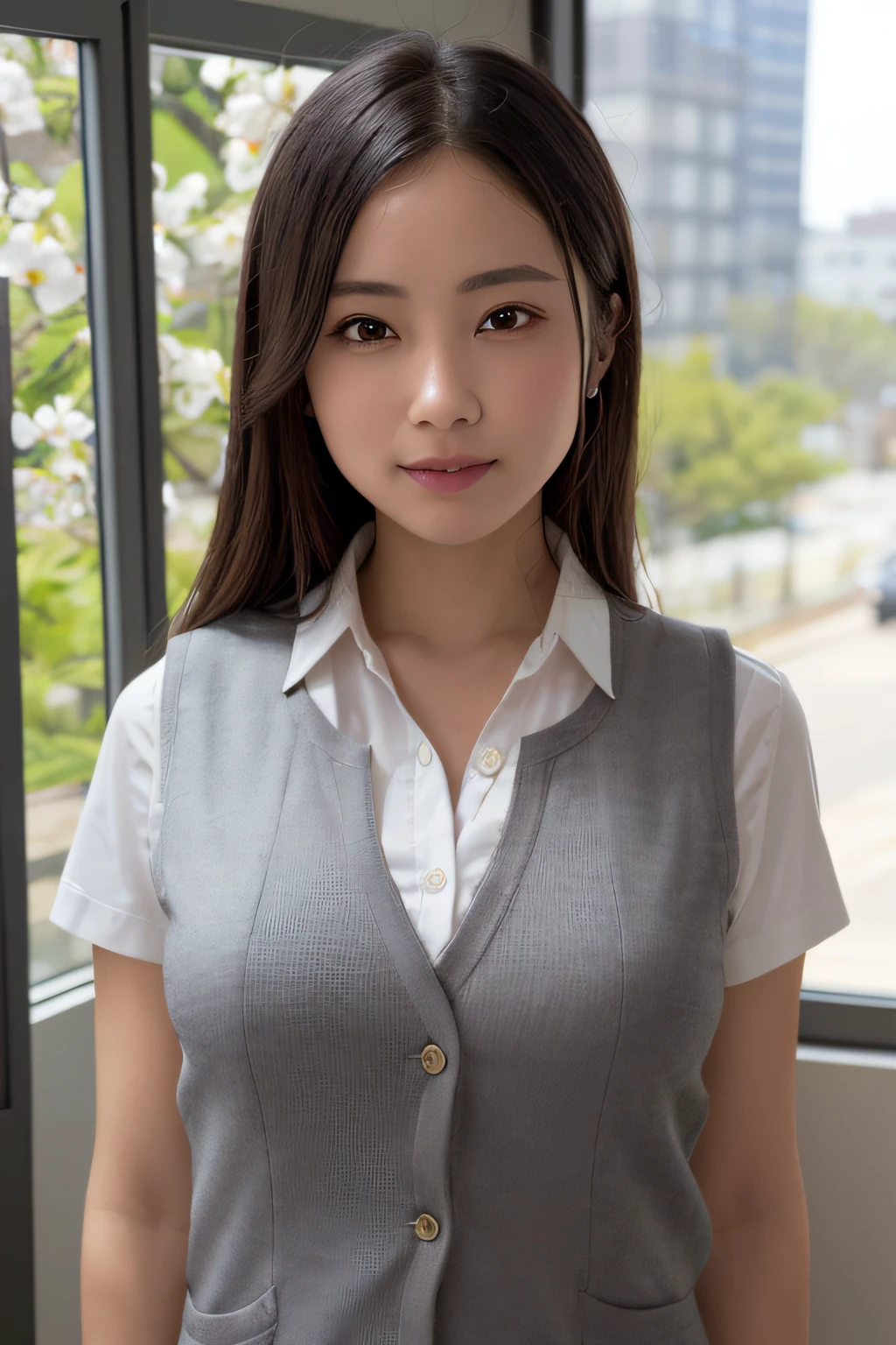 The girls1people、a mature female、vests、Bow、a photo、realisti、beste Quality、Almond Eye、Peach blossom order、detailed faces、s Office、Building from the window、detailed backgorund、Diffused sunlight、Depth-of-field、bokeh feeling、full full body、Unbuttoning a shirt,Hands on chest