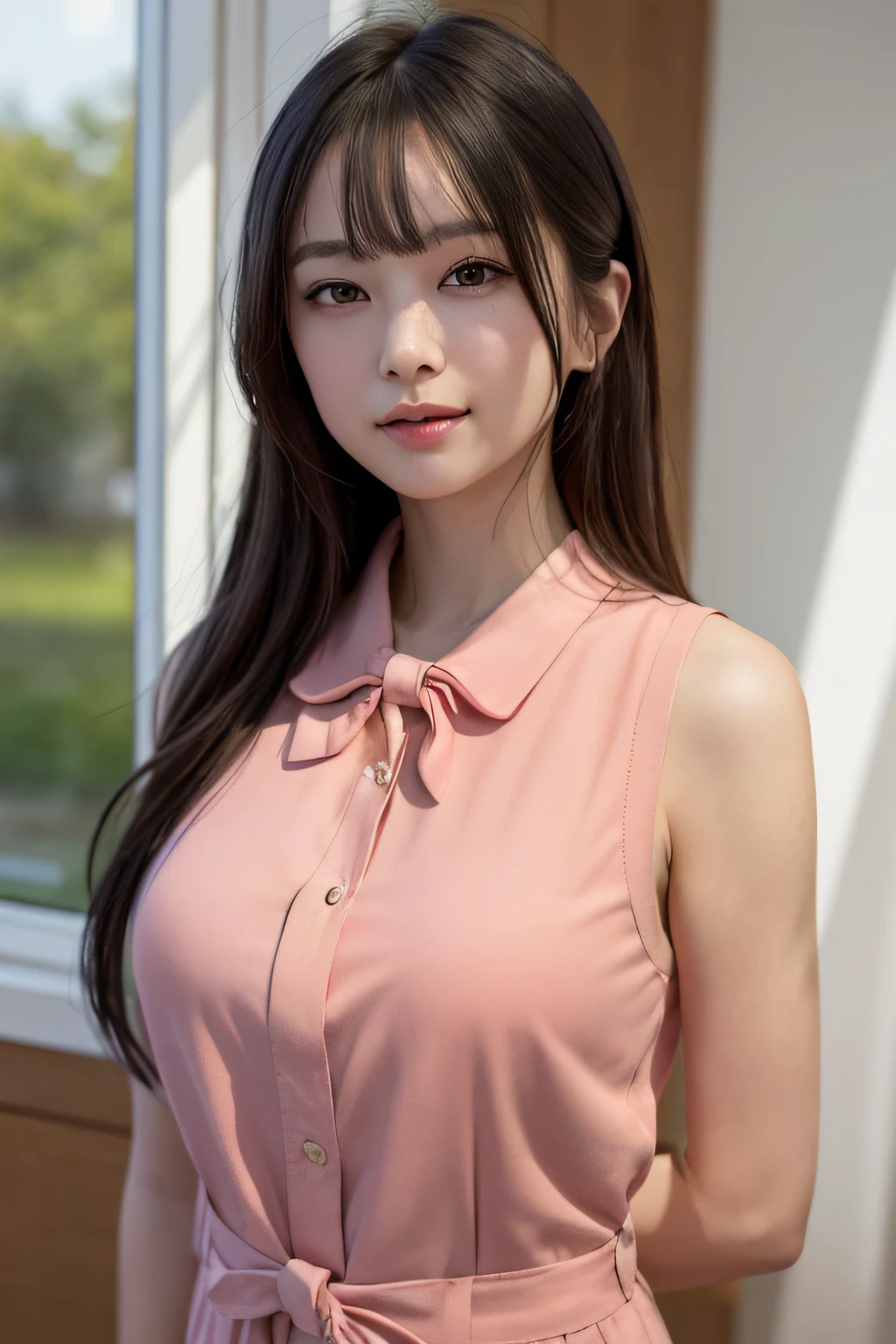 The girls1people、a mature female、vests、Bow、a photo、realisti、beste Quality、((Peach blossom order))、detailed faces、Slim body、s Office、Building from the window、detailed backgorund、Diffused sunlight、Depth-of-field、bokeh feeling、full full body、Unbuttoning a shirt,Hands on chest